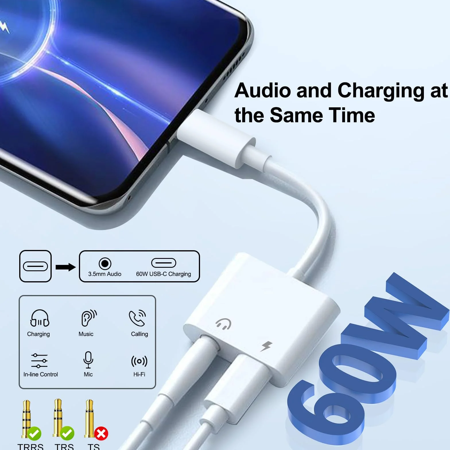 Adaptateur USB C vers Jack 3.5mm avec Charge Rapide 60W, Hi-Res Adaptateur Casque USB-C Compatible avec iPhone 16/15 Pro Max Samsung Galaxy S24/S23/S22/S21 Ultra iPad Pro Pixel