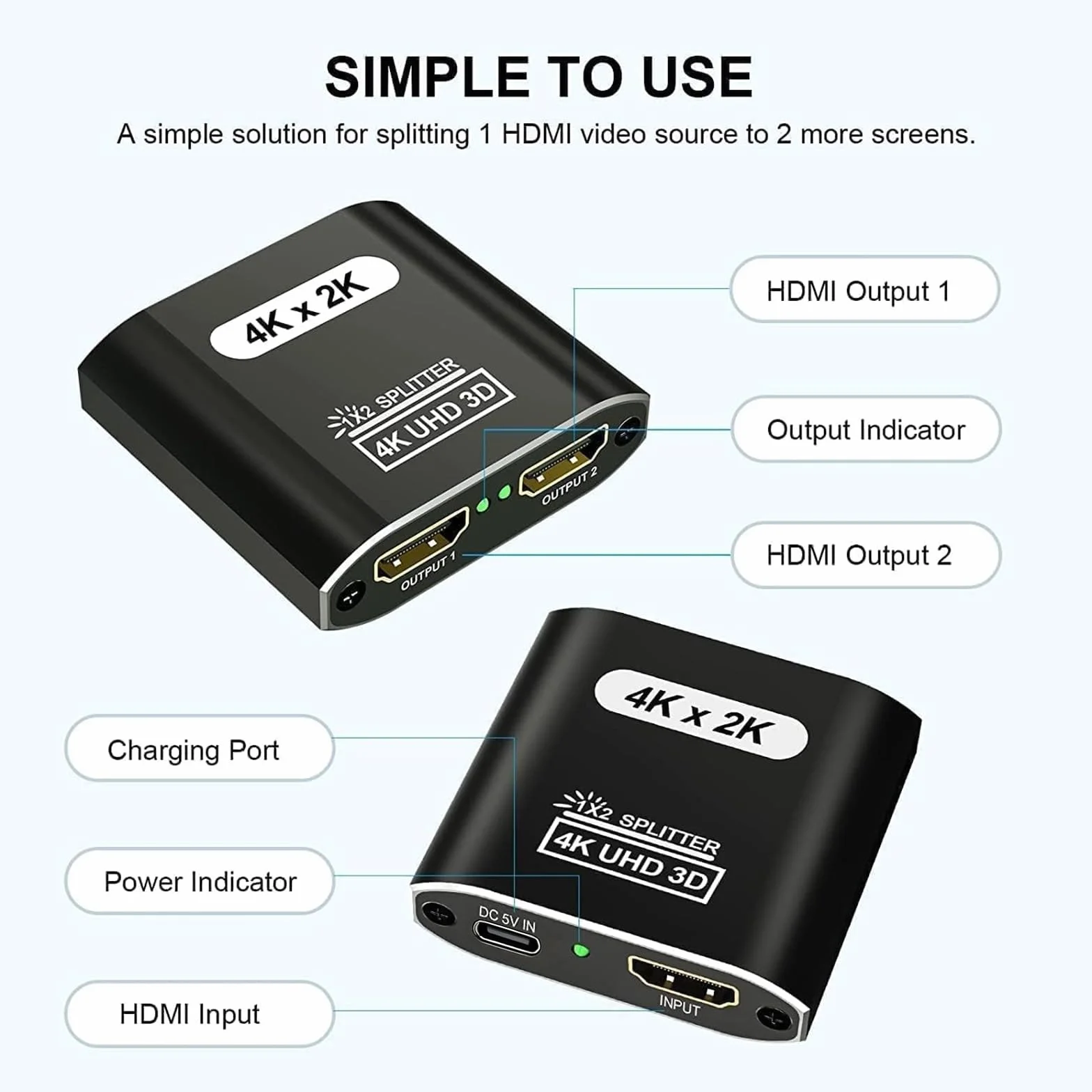 HDMI Splitter 1 entrée 2 Sorties - 4K Répartiteur hdmi 1 Input 2 Output pour Lecteurs DVD Consoles de Jeux appareils de Streaming - Miroir Uniquement ne Pas étendre