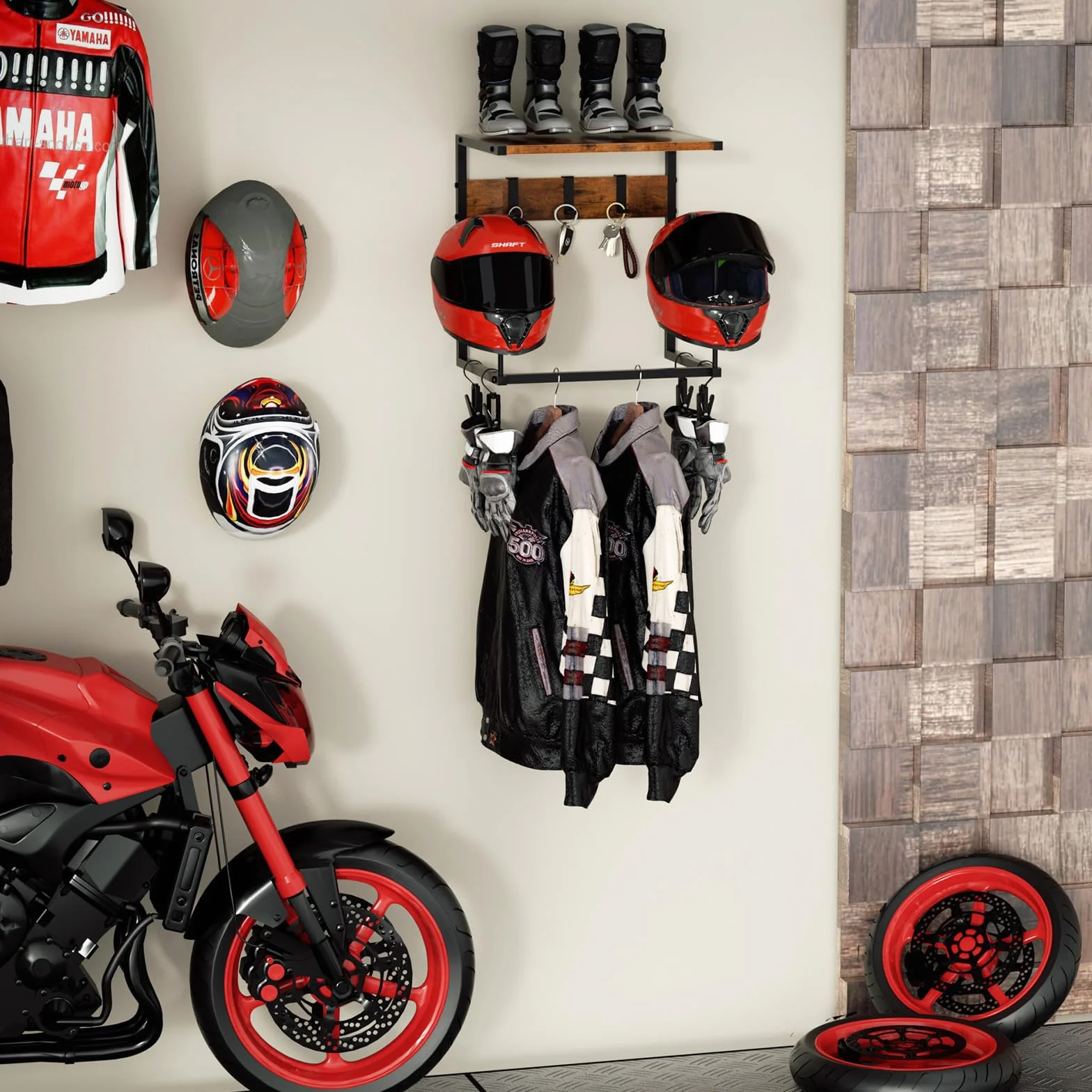 Urban Deco Support casque moto, porte casque avec 2 supports pour chapeaux, support pour repose à fixer au mur, support mural casque equipement moto, petit