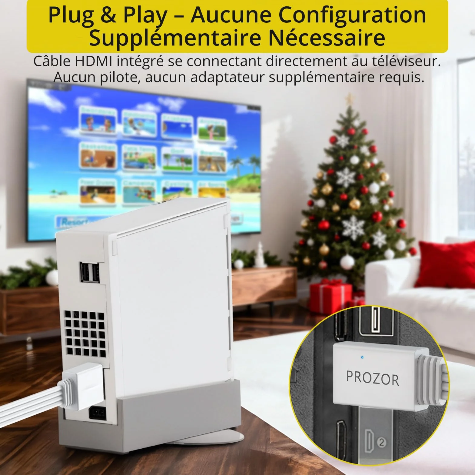 PROZOR Adaptateur Wii vers HDMI 1080P Câble HDMI Intégré 1.2m Conversion Vidéo et Audio pour Console Wii et Wii U Plug-and-Play