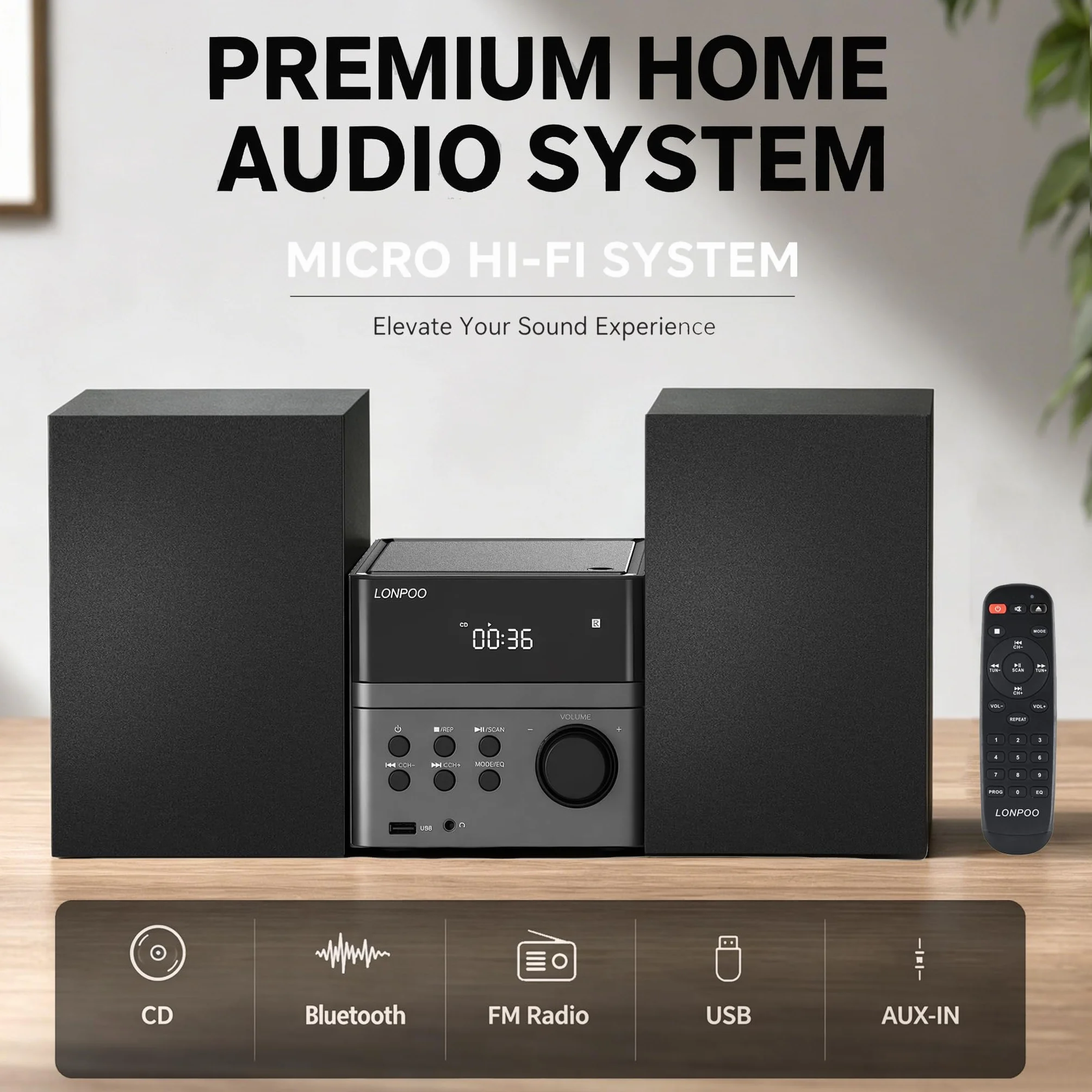 Micro Chaîne Hi-FI Stéréo Système compacte - avec Lecteur CD, Bluetooth, Radio FM, USB, AUX-in, écran LED et Grand Bouton, télécommande (EU-128BT) | Lecteur CD, Bluetooth, radio FM, entrée USB/AUX, sortie casque, technologie DSP, suppression des sons et b
