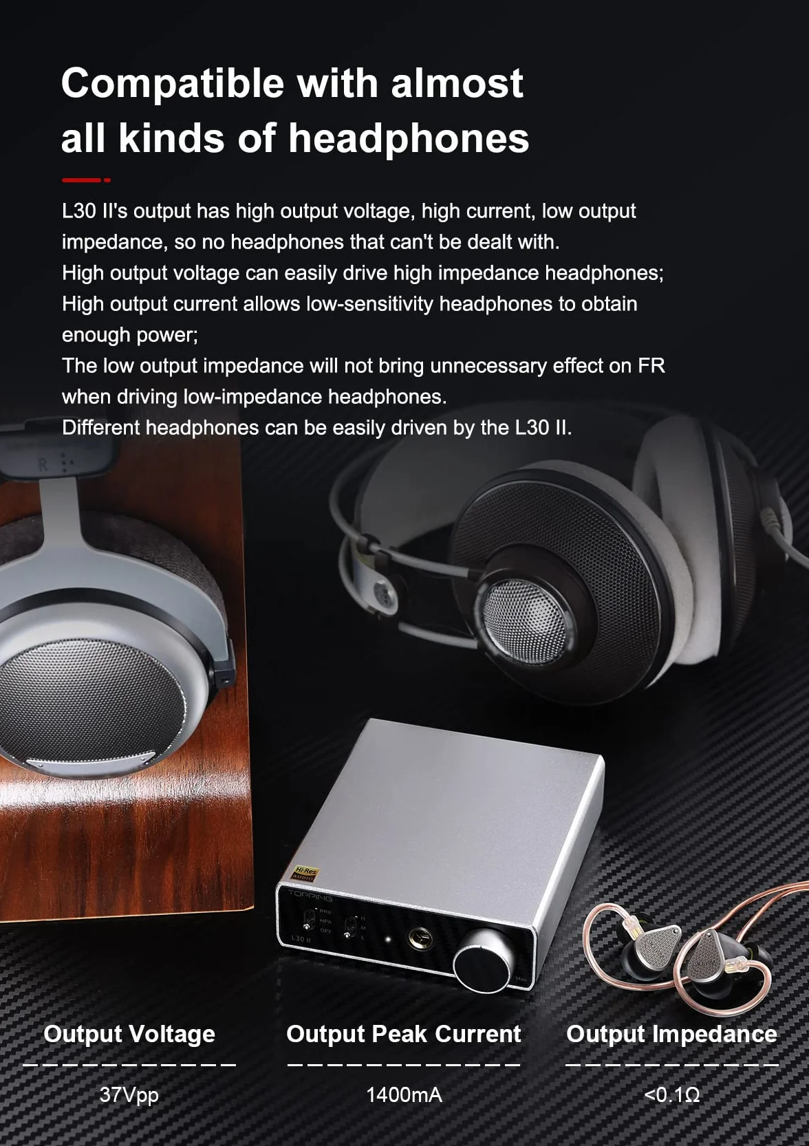 TOPPING L30 II NFCA Amplificateur Casque Linéaire - Jack 6,35 mm Adaptateur 3,5 mm Entrée et Sortie RCA 37Vpp Haute Tension de Sortie Mini Amplificateur HiFi Préamplificateur Audio Hi-Res Noir