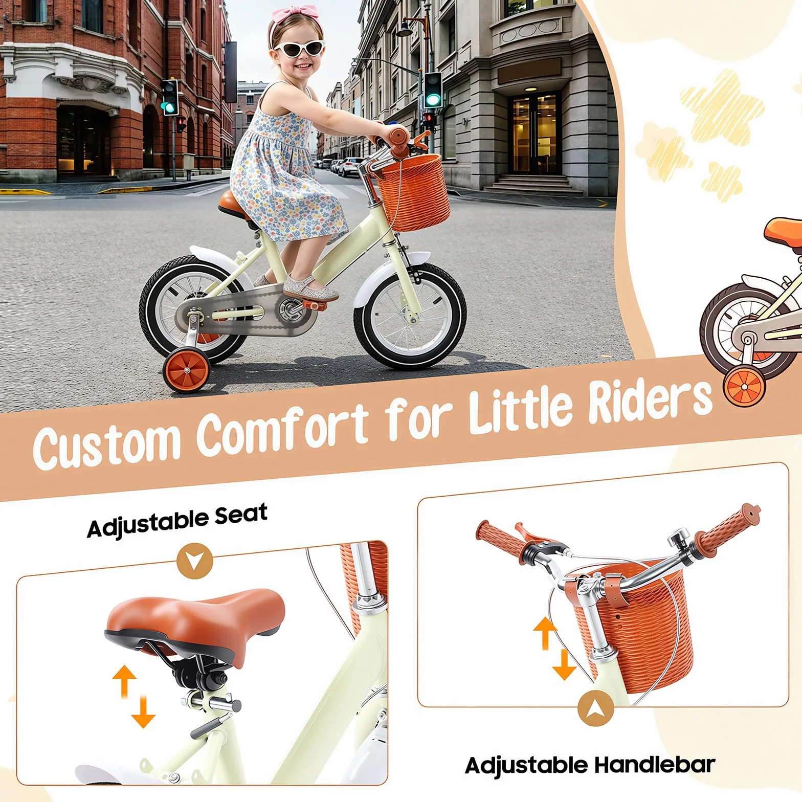 Vélo enfant 12 pouces avec panier avant roues stabilisatrices 2-4 ans hauteur réglable 60-70 cm