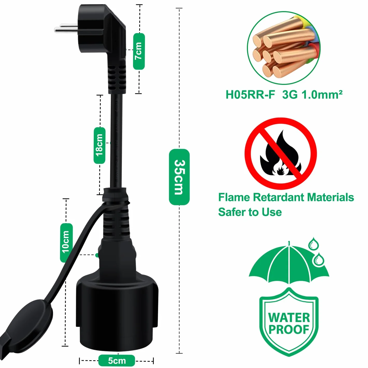 Rallonge Électrique Schuko Coudé 16A 250V IP44 0.3m Noir