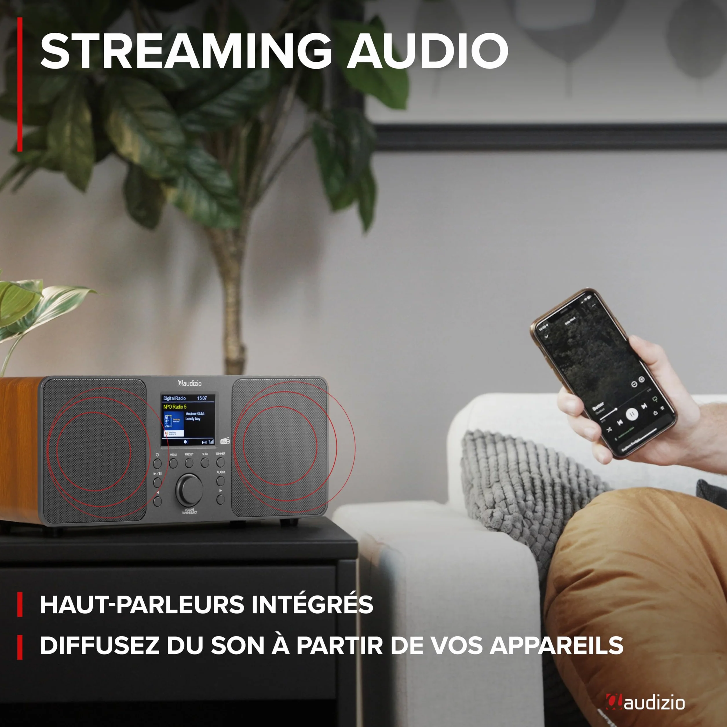 Audizio Genua Radio DAB+ Bluetooth 5.0 Gris Foncé Écran Couleur 2,8" Deux Haut-Parleurs Sortie Casque Port USB Télécommande