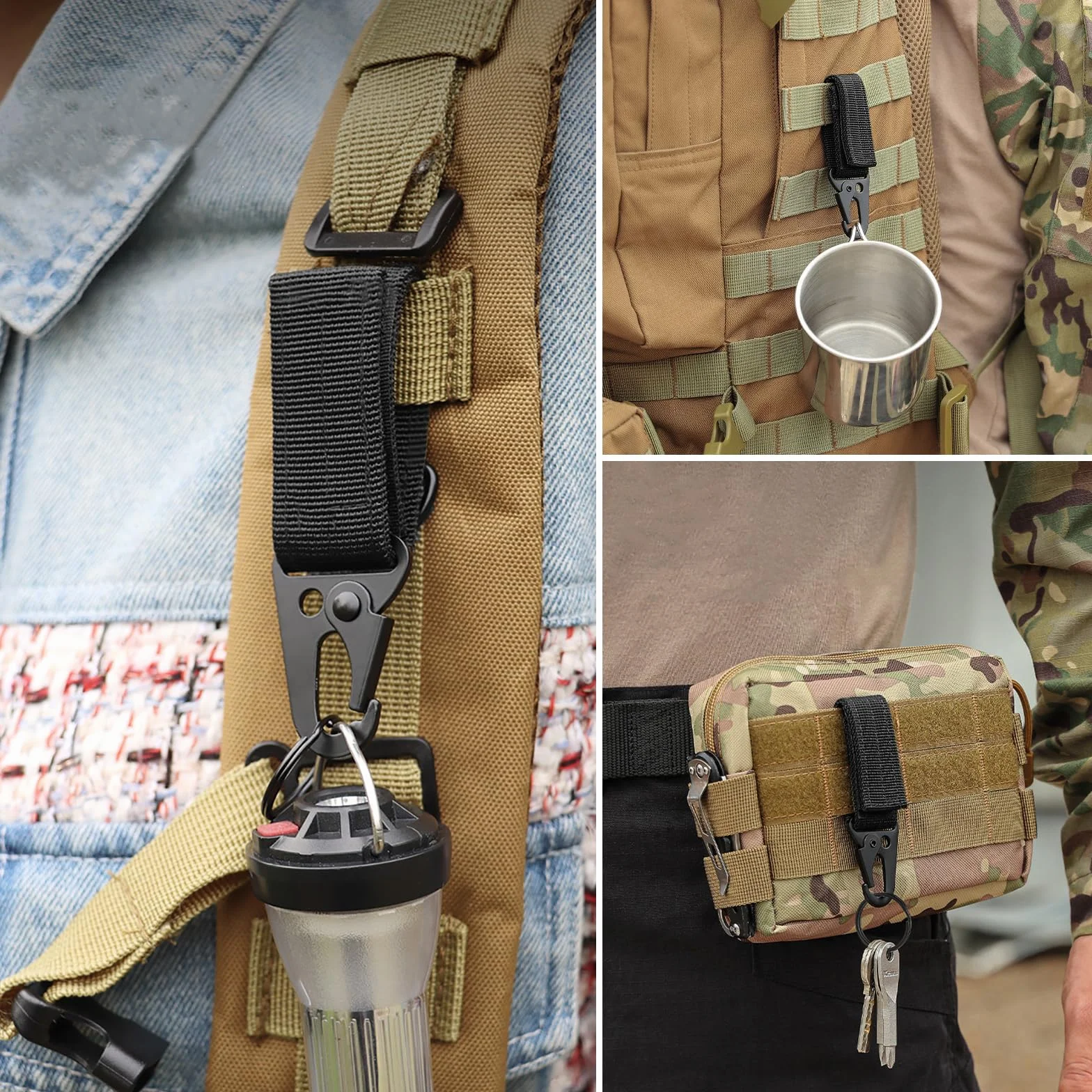 Mousquetons Tactique 6 Pièces Sangle en Nylon Noir pour Gilet Ceinture Sac à Dos