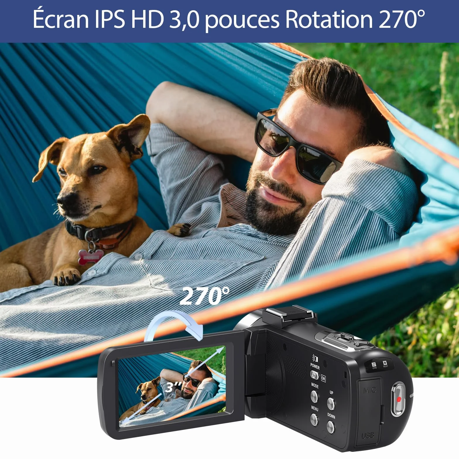 Caméscope 4K Caméra Vidéo HD 80MP 30FPS Vision Nocturne Infrarouge Zoom Numérique 18X Webcam Camescope, 3,0’’ Pouces Rotation à Écran IPS Vlogging Camera pour Youtube avec 2 Batteries, Carte SD 32Go