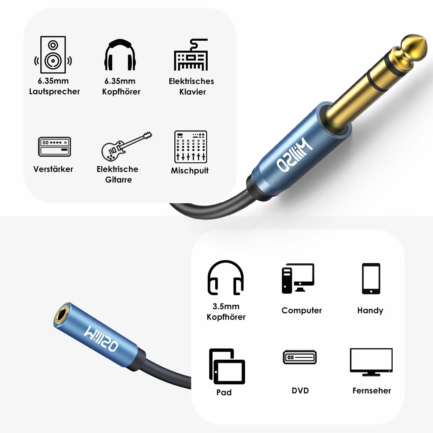 MillSO Adaptateur Jack 6.35 mm Mâle vers 3.5 mm Femelle Casque Prise Adaptateur 6.35 3.5 Audio Connecteur Stéréo Headphone Jack Adapter Plaqué - 2M