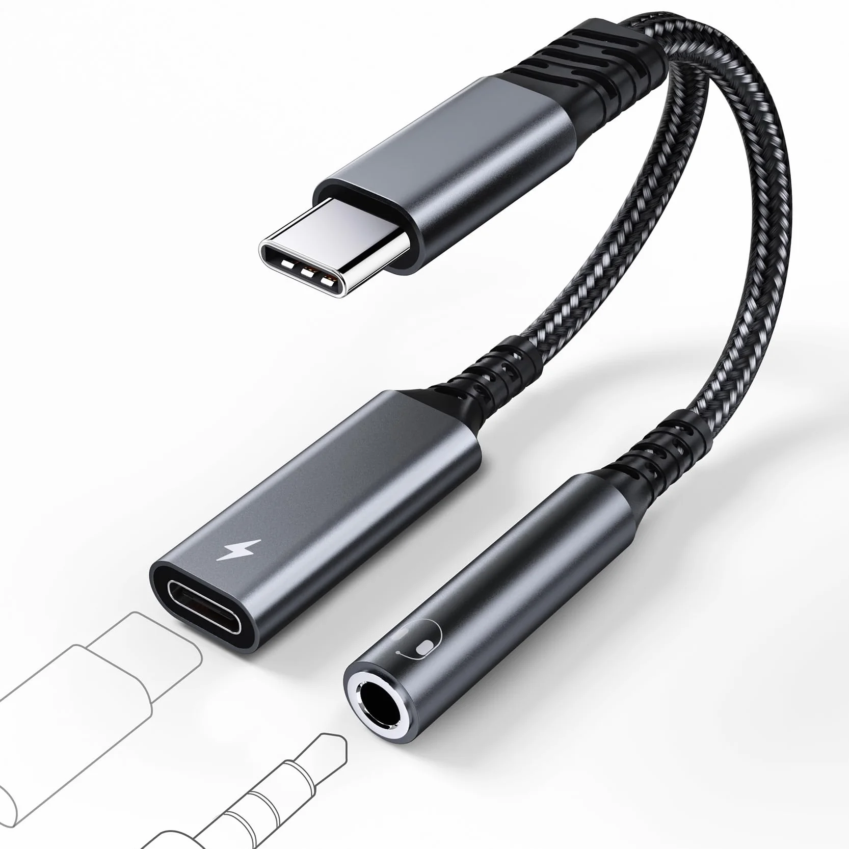 Adaptateur USB C vers Jack 3.5mm 2 en 1 Charge Rapide PD 60W Compatible iPhone 15 Pro Max Samsung S24 S23 Huawei