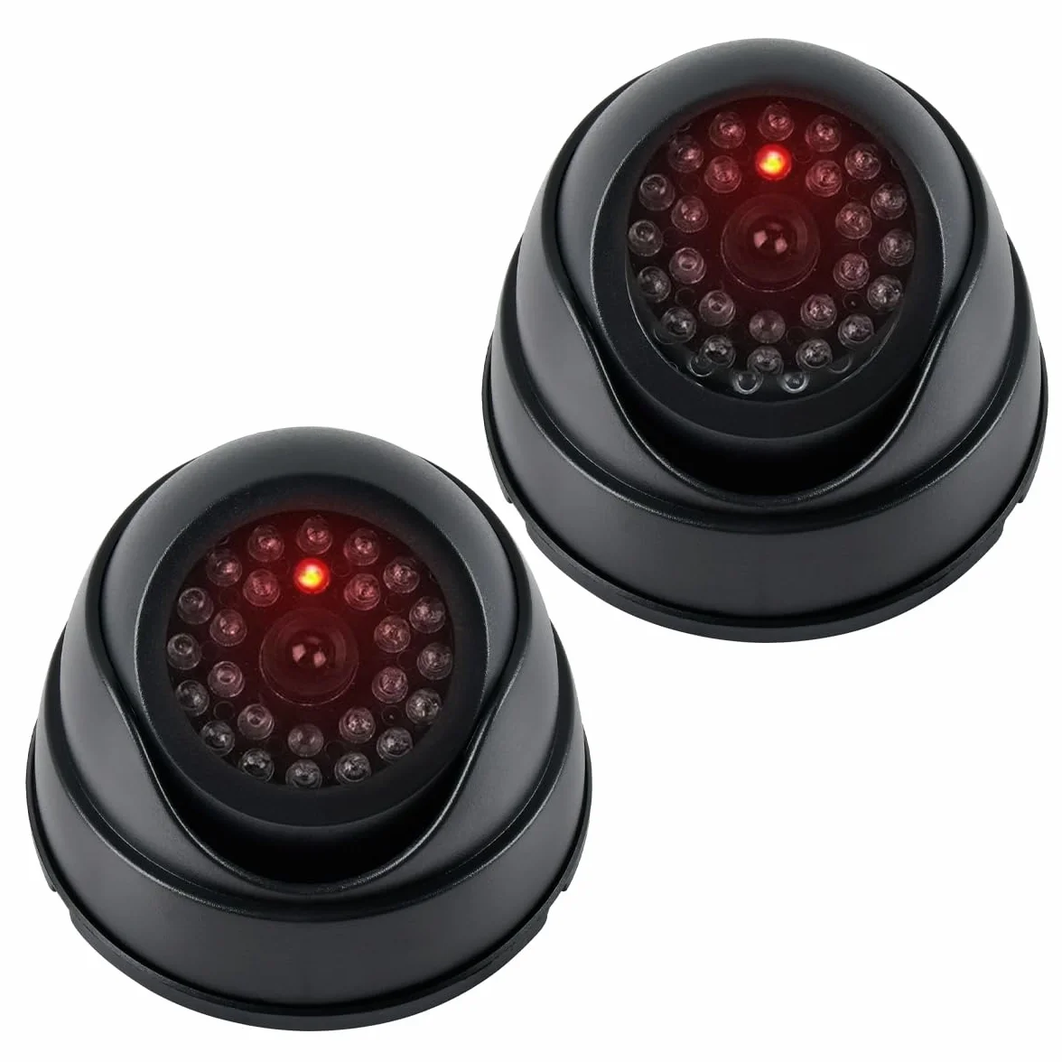 2pcs Caméras Factices de Surveillance CCTV, Fausse Caméra de Sécurité Factice avec Lumière Led Clignotante, Caméra Surveillance Factice Étanche pour Extérieur Intérieur avec 2 Panneaux de CCTV + Vis