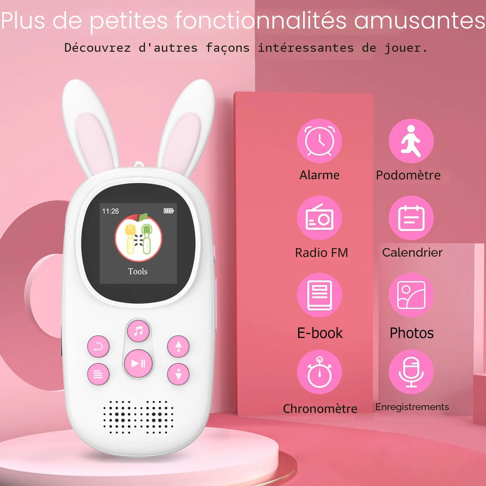 Lecteur MP3 Enfants 32 Go Bluetooth Haut-Parleur Radio FM Enregistrements Alarme Chronomètre