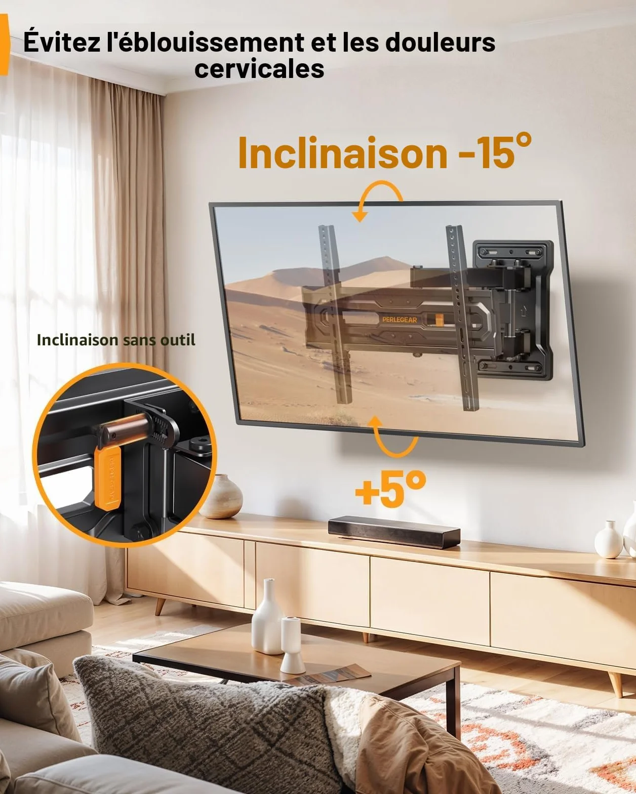 Perlegear Support Mural TV Orientable et Inclinable pour TV de 23 à 70 Pouces Jusqu'à 50 kg, Support TV Ajustable avec Inclinaison, Max VESA 400x400mm, PGMF18