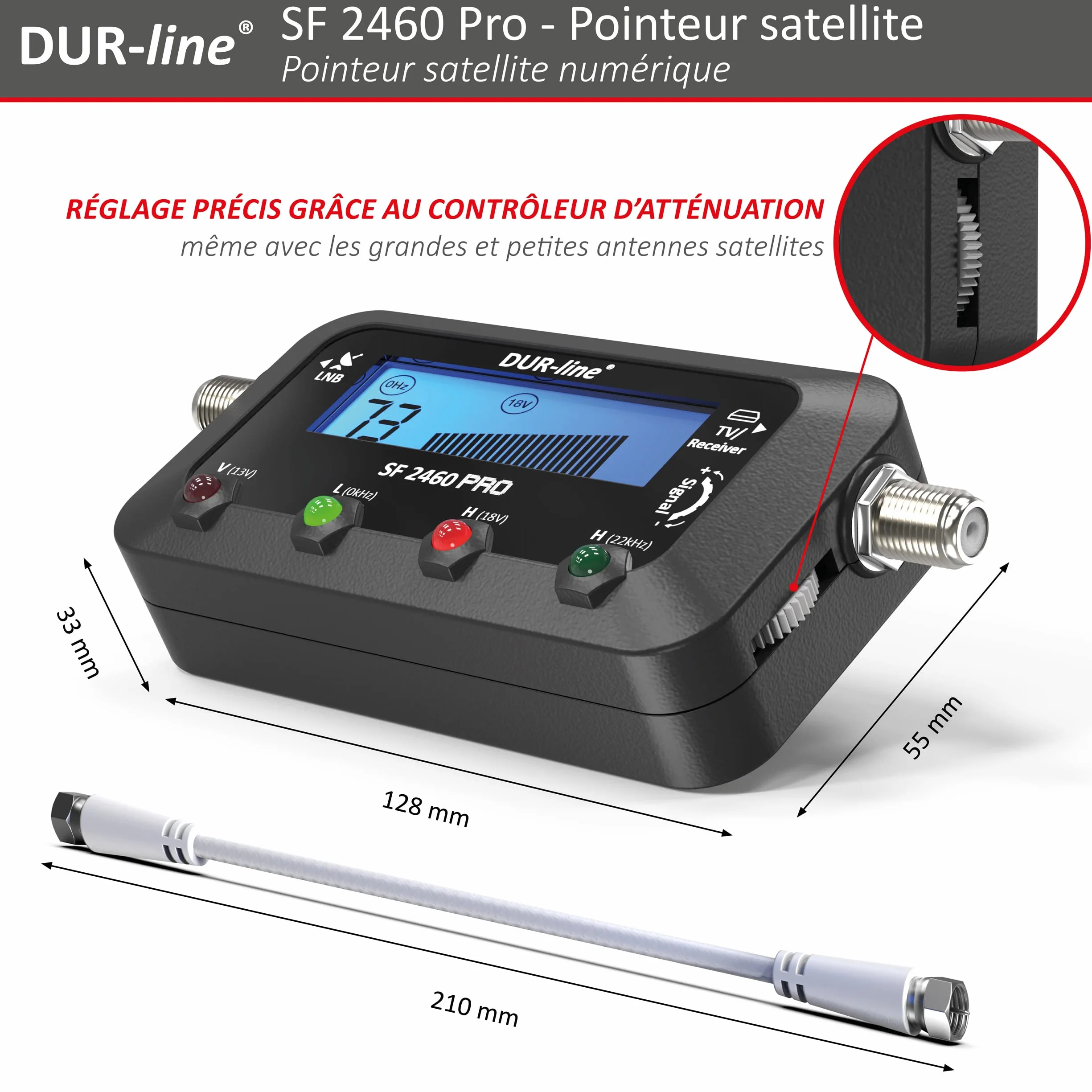 Dur-Line SF 2460 Pro Pointeur Satellite Appareil de Mesure avec câble F Signal sonore écran LCD Astra Hotbird