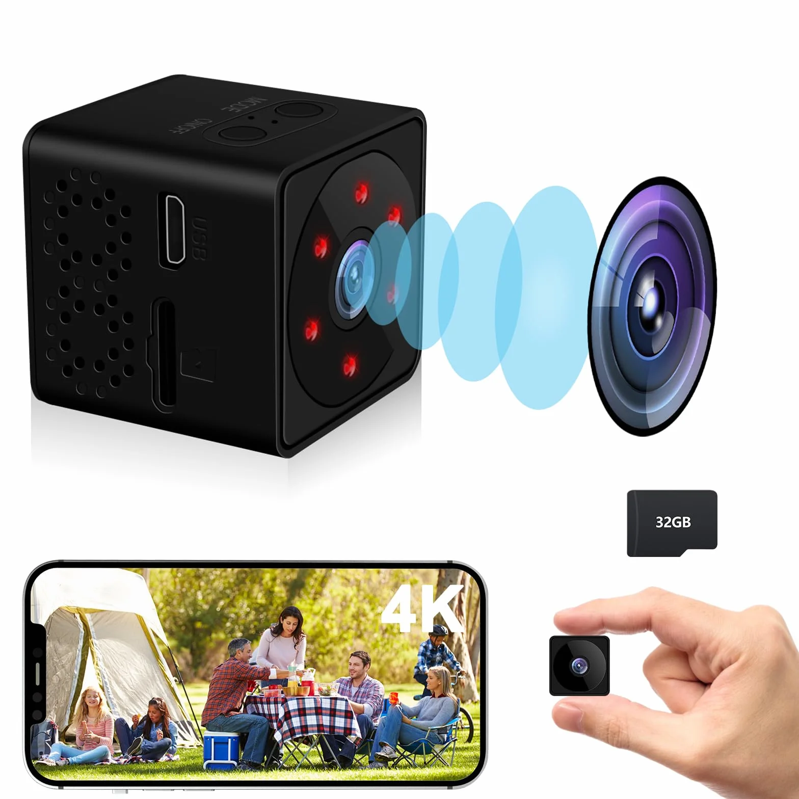 Bextgoo Mini Camera sans Fil, Options Wi-FI ou sans Wi-FI, 4K Camera de Surveillance sans Internet avec avec Carte TF 32 Go, Vision Nocturne, Mini Camera pour Maison/Intérieur/Extérieur(Noir)