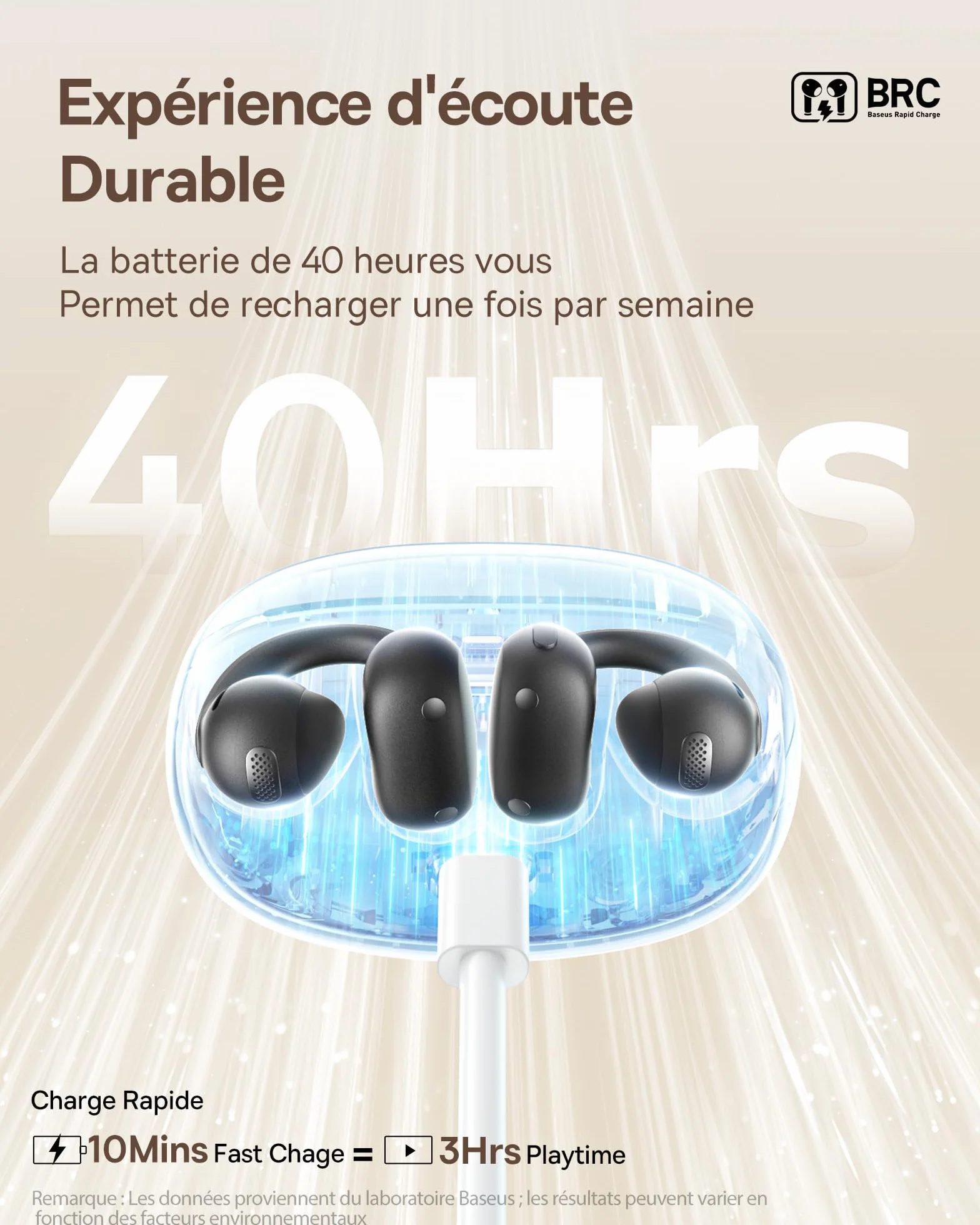 Baseus Bowie MC1 Casque Ouvert, Ecouteur Conduction Osseuse avec Son Impressionnant, Renforcement des Basses Adaptatif, Bluetooth 5.4, Réduction du Bruit Lors des Appels, IP57, Autonomie de 40h
