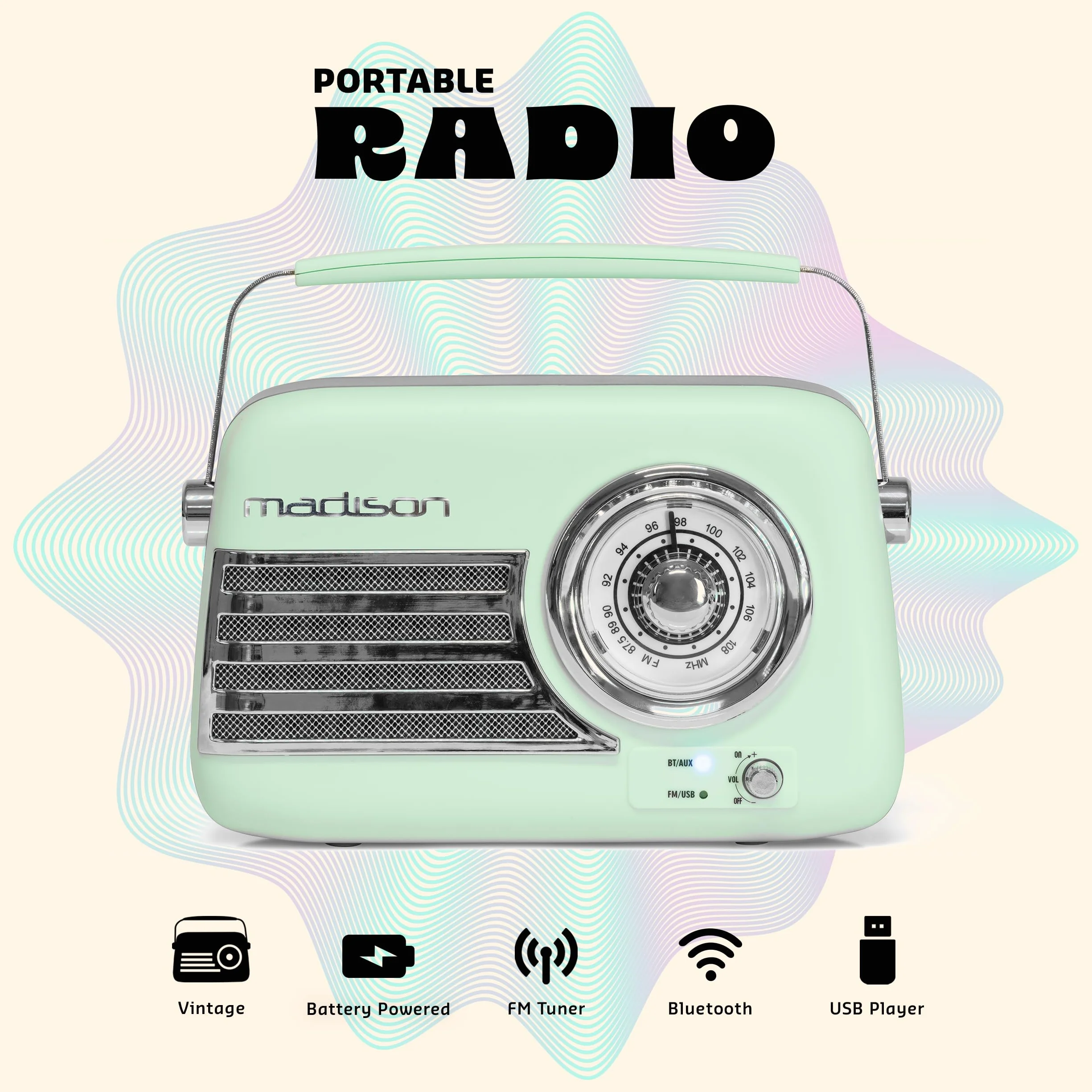 Madison - FREESOUND-VR40GR-MAT - Radio Vintage 30W sur Batterie Longue autonomie - Bluetooth, USB & FM - Vert pâle Mat - Vintage, Nostalgie, rétro