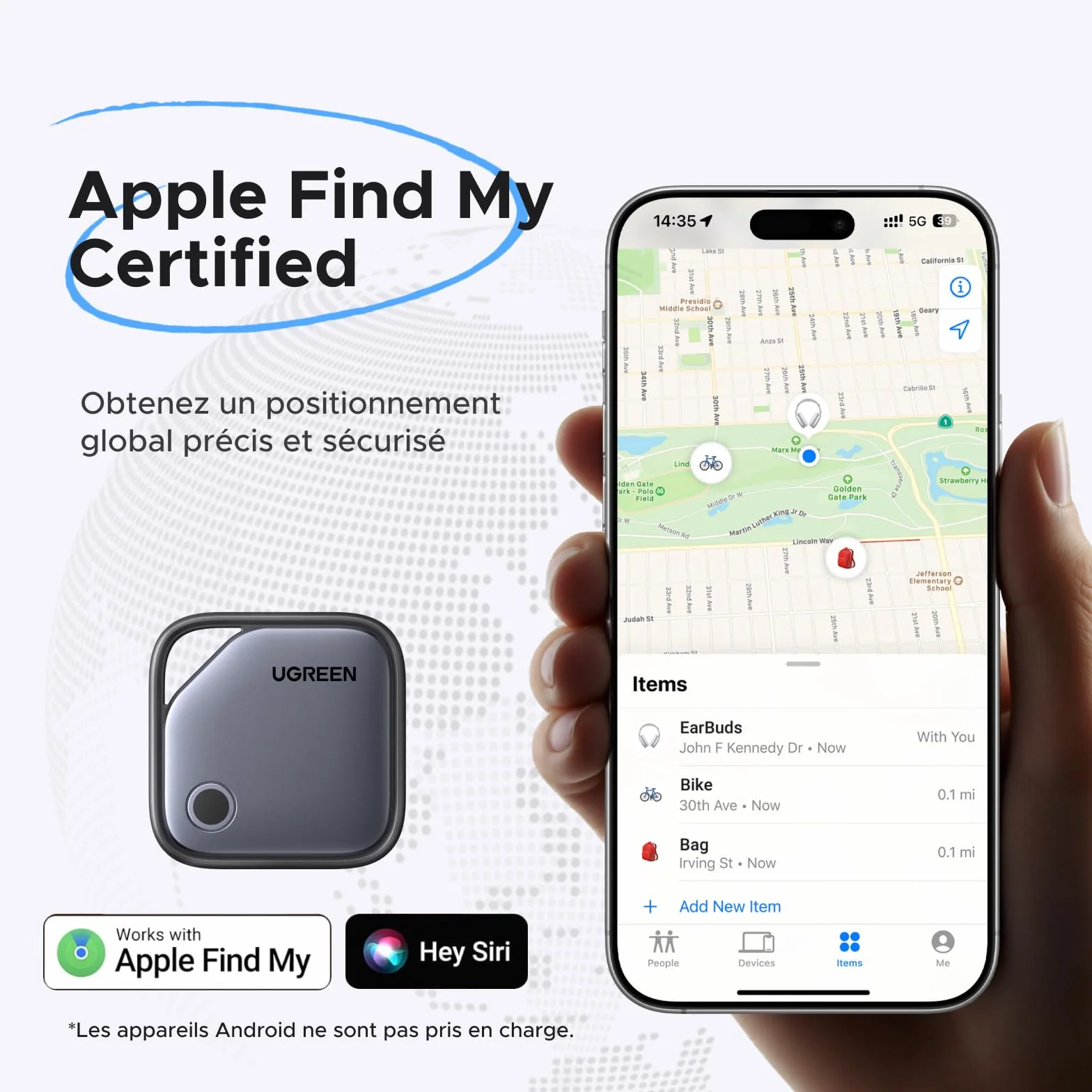 UGREEN FineTrack Tag Traceur Fonctionne avec Find My (iOS Uniquement) Chargement USB C Localisateur d'Objets Bluetooth pour Clés Valises Portefeuilles Wallet Bagages Sacs avec Câble USB C Lot de 4