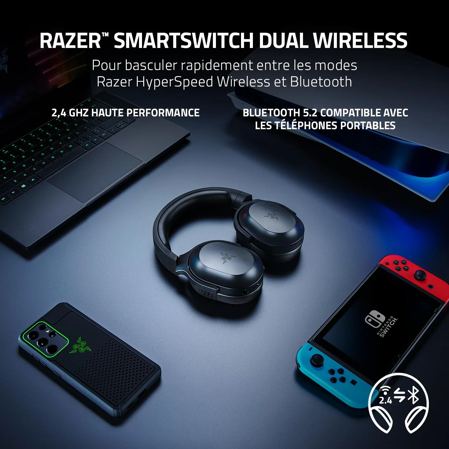 Razer Barracuda X - Casque Gaming sans Fil Multiplateforme (SmartSwitch Dual sans Fil, Design Ergonomique, TriForce 40mm, Microphone Cardioïde, Contrôles sur Casque, Batterie de 50h, USB-C) Noir