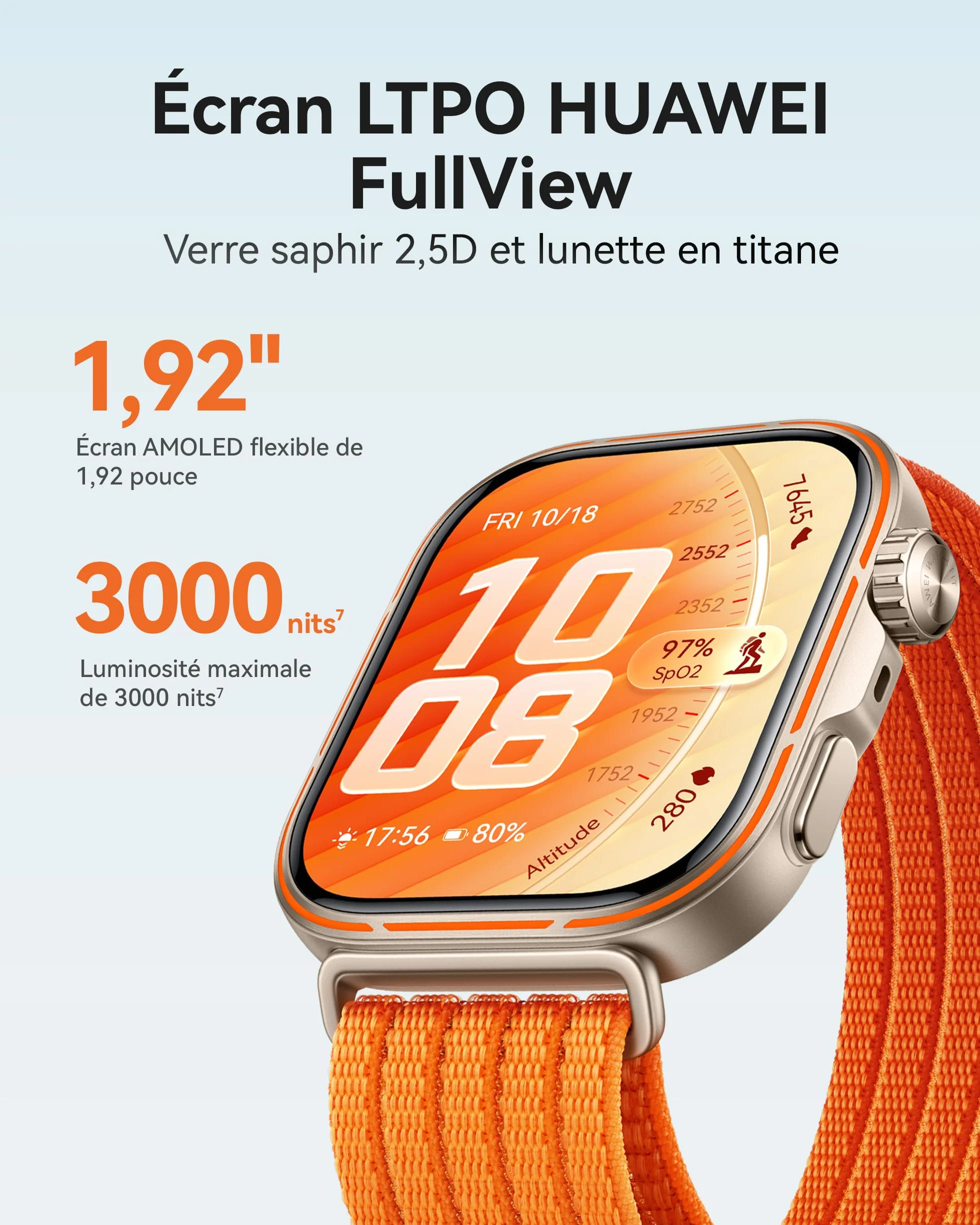 HUAWEI Watch FIT 5 Pro Montre connectée GPS ECG Écran AMOLED 1,92'' Verre Saphir Résistance à l'eau 5 ATM NFC Orange