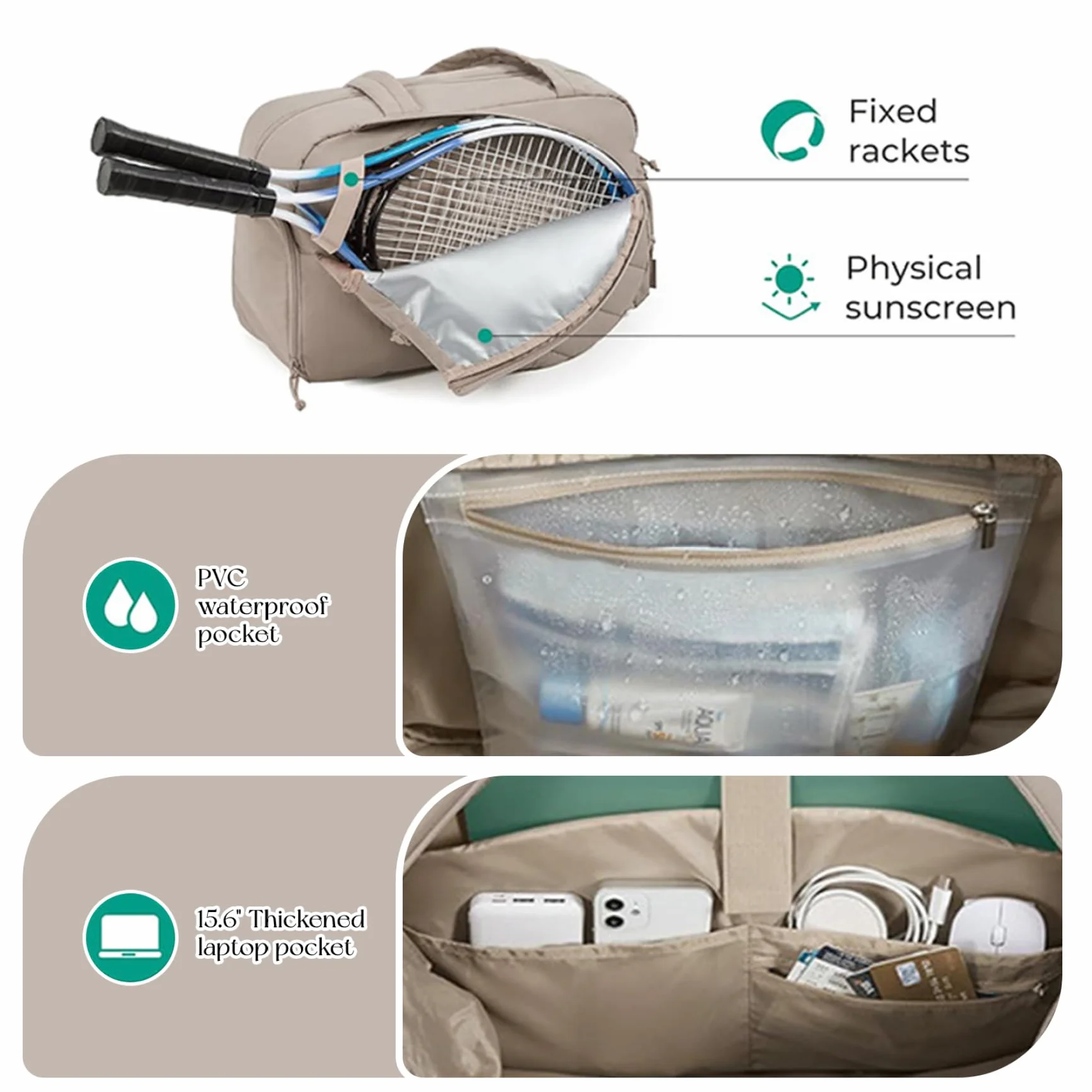 Sac de Raquette de Tennis Multifonctionnel pour Femmes, 2 Raquettes avec Compartiment à Chaussures et Poche Humide