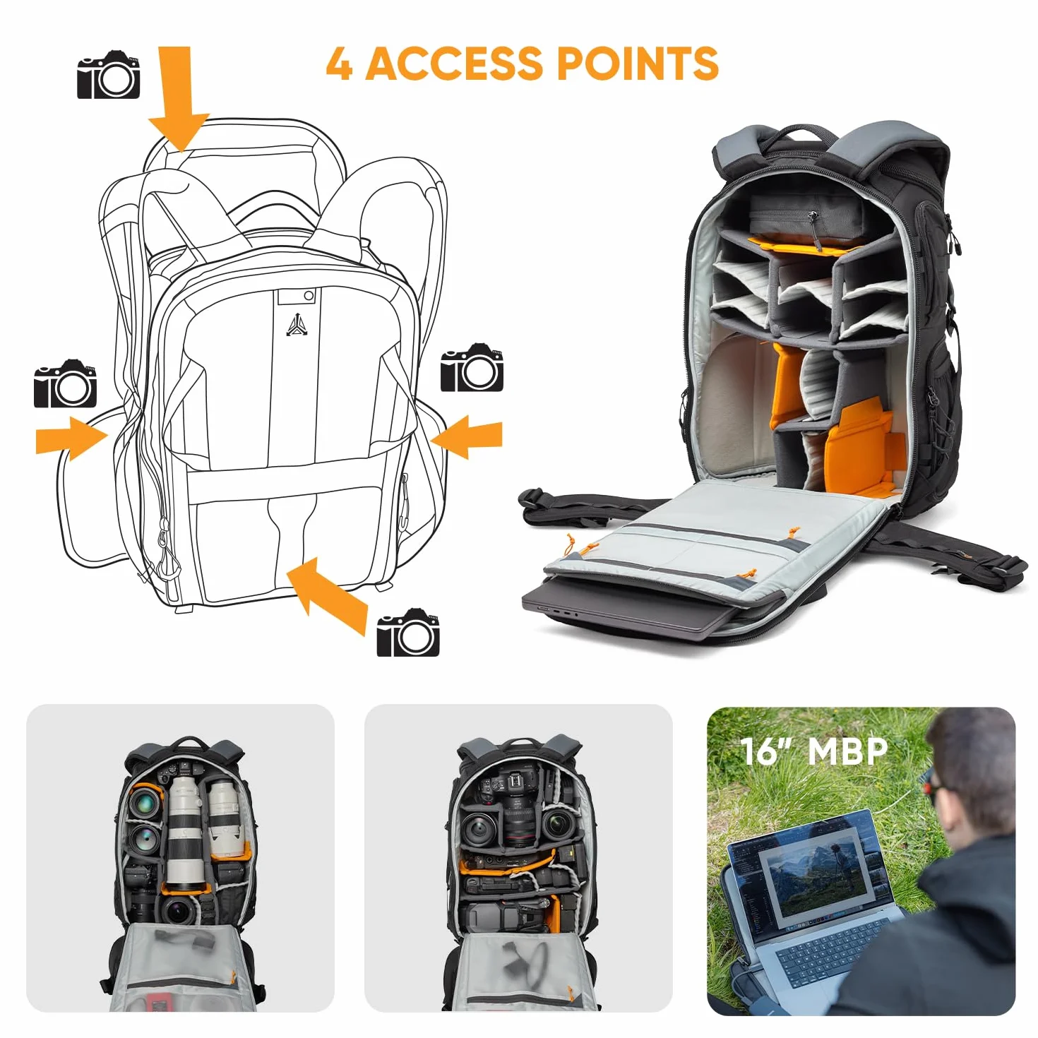 Lowepro ProTactic BP 450 AW III Sac à Dos Photo 28L, 4 Points d'Accès, Ordinateur Portable 16"
