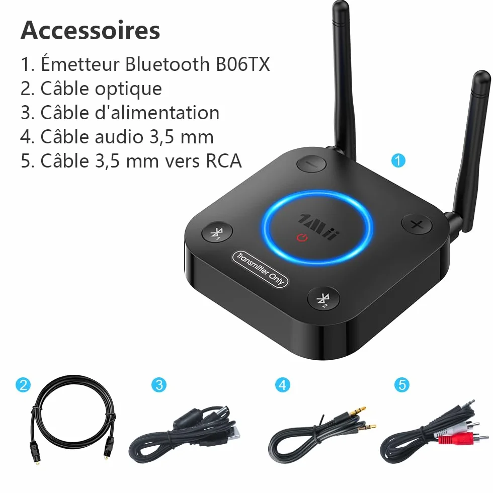 1Mii B06TX Émetteur Audio Bluetooth 5.3 pour TV, Transmetteur Adaptateur Bluetooth pour 2 Casques, aptX Faible Latence et HD, Longue Portée, Contrôle du Volume, AUX RCA Optique Coaxiale [Upgraded]