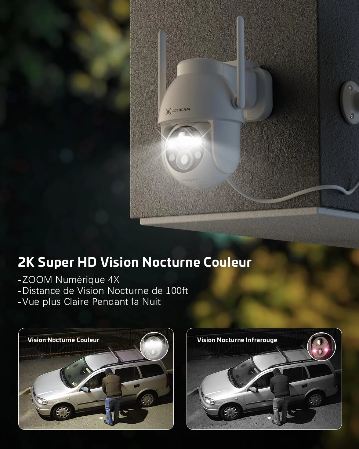 COCOCAM 2PCS 2K Camera Surveillance WiFi Exterieure sans Fil sur AI Détection Humaine, Vision Nocturne Couleur, Audio Bidirectionnel, 2.4GHz WiFi, Cloud