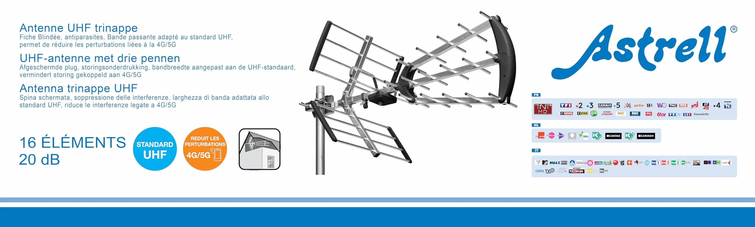 ASTRELL 011034 Antenne d'extérieur TV Trinappe 20dB UHF Fiche F