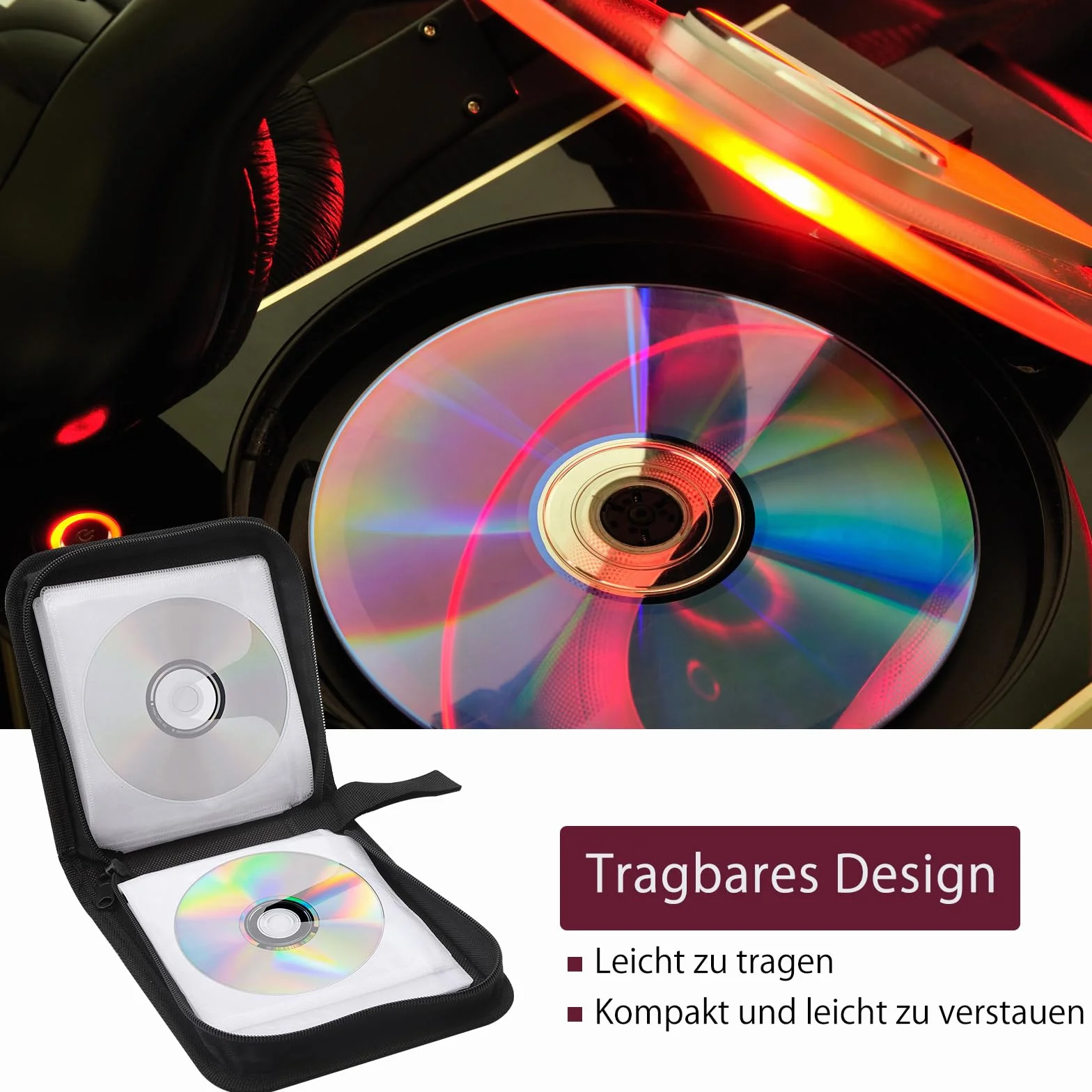 HENGBIRD 2 Pièces Pochette Range CD Pochette CD Rangements pour CD et DVD pour 40 CD, DVD Organisateur pour Voiture et Maison, Gain de Place pour Le Bureau, Le Salon et La Maison, Rouge et Noir