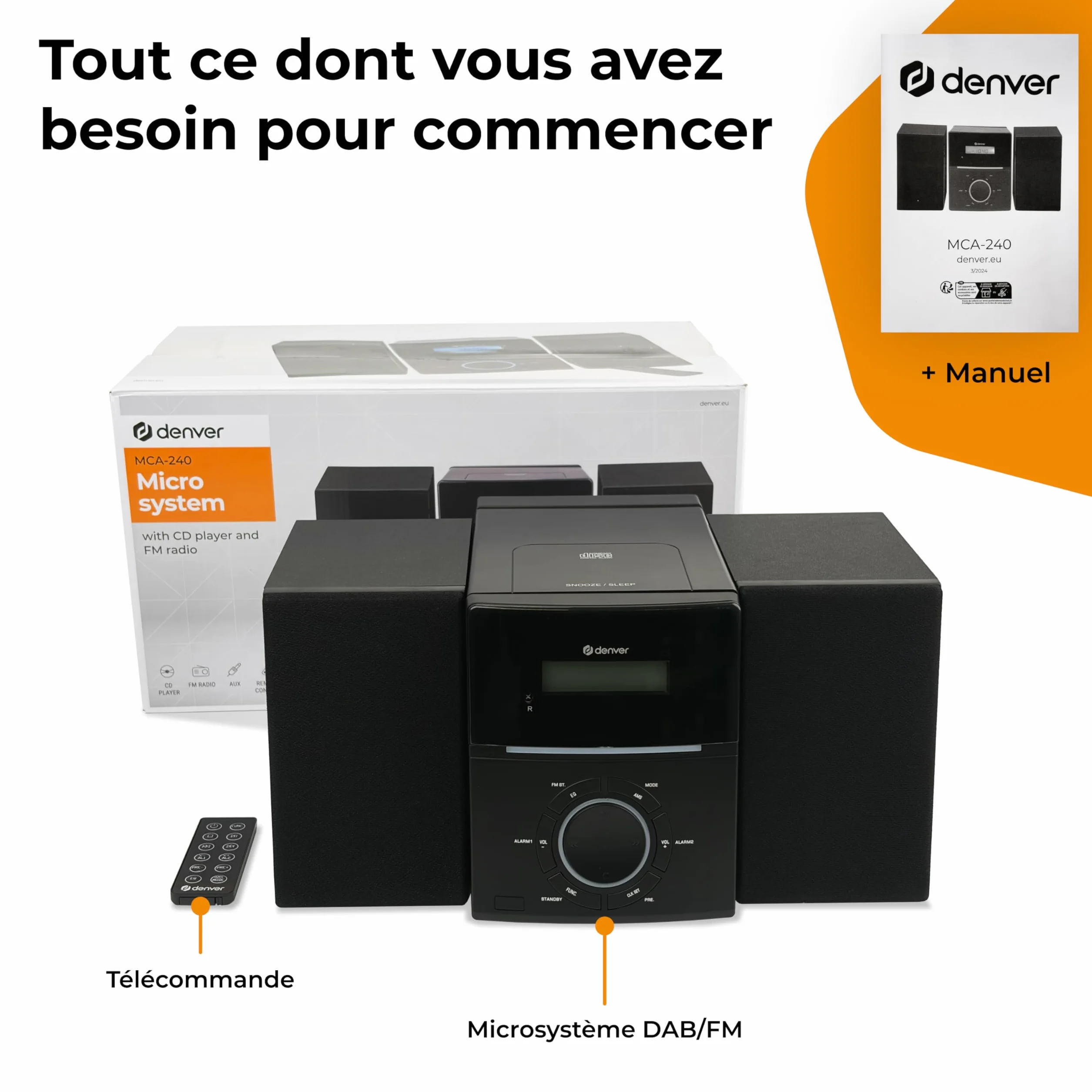 Denver MCA-240 Micro-chaîne CD/FM Double Alarme AUX Noir