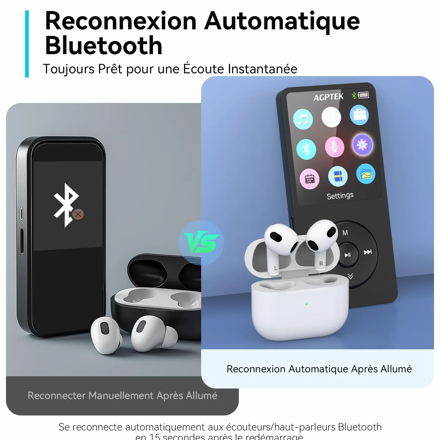 AGPTEK Lecteur MP3 Bluetooth 5.3 32Go HiFi sans Perte 70H Autonomie Baladeur Portable Radio FM Enregistrement