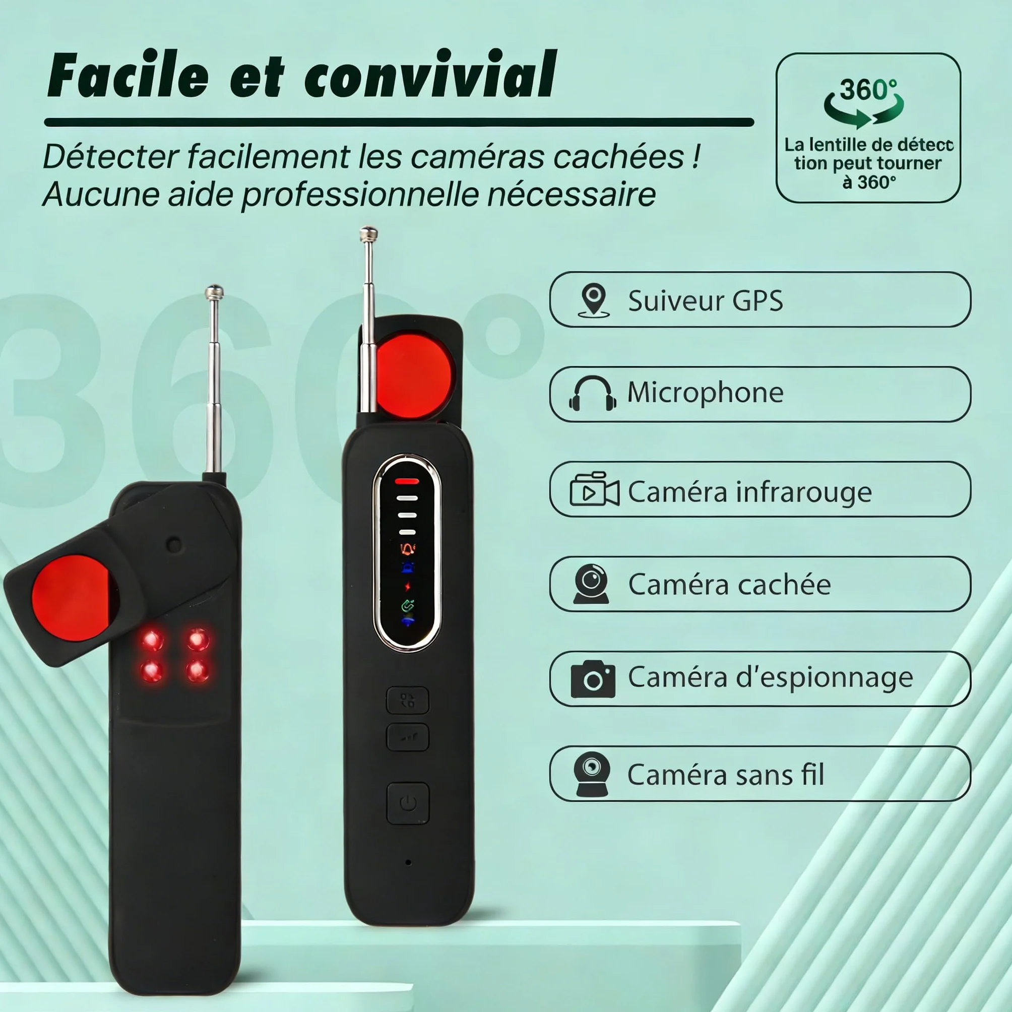 Détecteur de Caméra Cachée 6 en 1 Detecteur Micro Espion Anti-Espion Bug Détecteur GPS Tracker pour Bureau, Hôtel, Maison, Alarme de Sécurité
