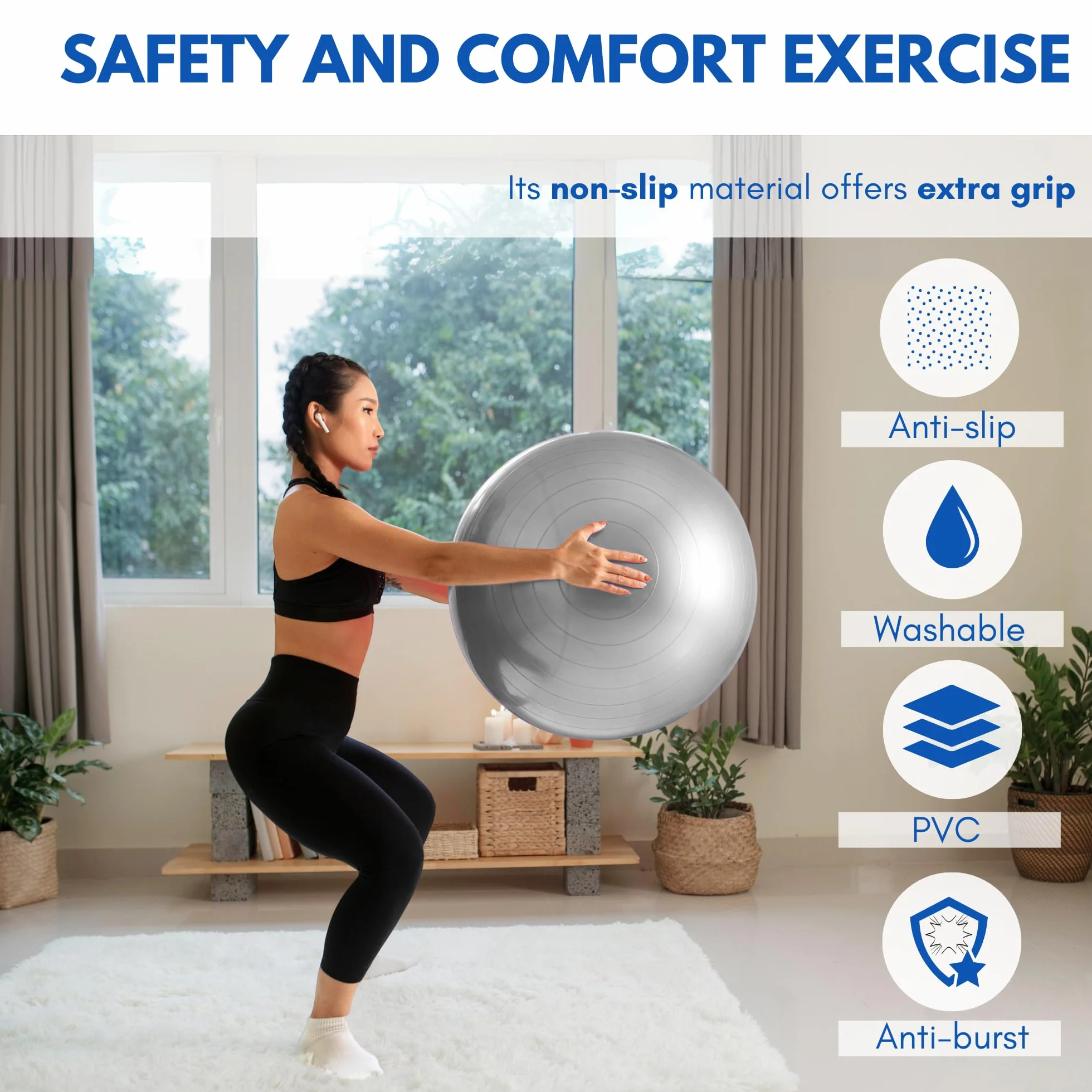 Ballon de Yoga 55 cm PVC Antidérapant Fitball avec Gonfleur