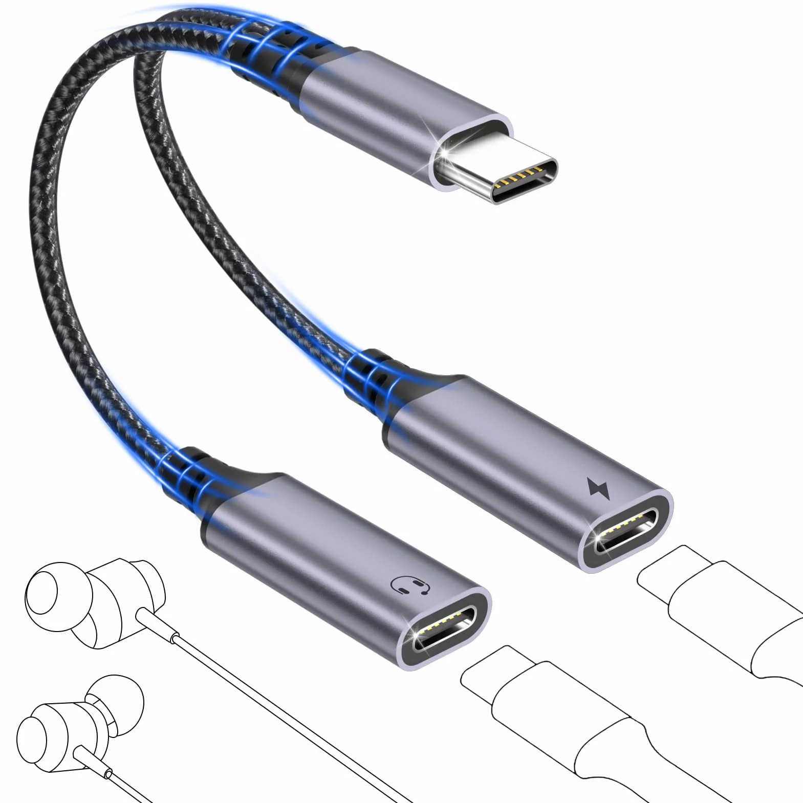 Répartiteur Double USB C 2 en 1 Adaptateur USB-C Audio et Charge pour iPhone 16 15 Pro Max iPad Samsung S25 S24 S23, Gris