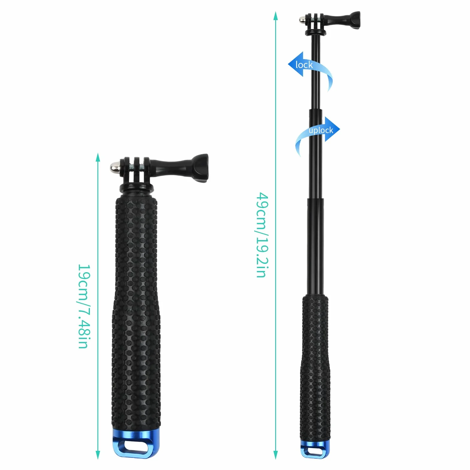 Etanche Action Caméra Grip Pôle, Réglable Monopode Bâton, Handle Anti-Glissant Perche à Selfie pour Sport, Longueur Extensible 19-49 cm (Vert, 19cm)