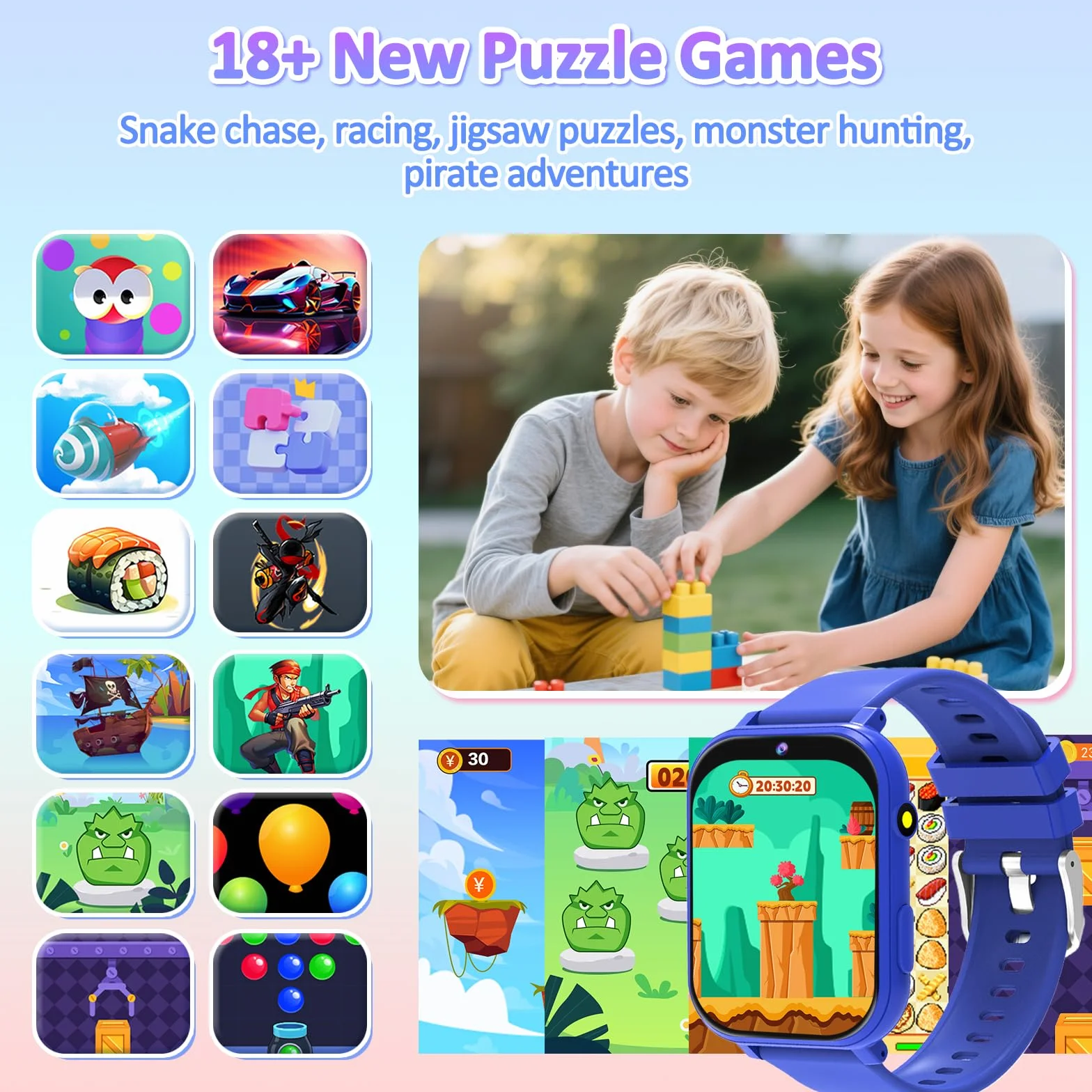 clleylise Montre connectée Enfant - Smartwatch avec 18 Jeux, Suivi de Sommeil & podomètre, caméra, Fonds d'écran dynamiques, Montre Enfant Garcon et Montre connectée Enfant Fille (Bleu)