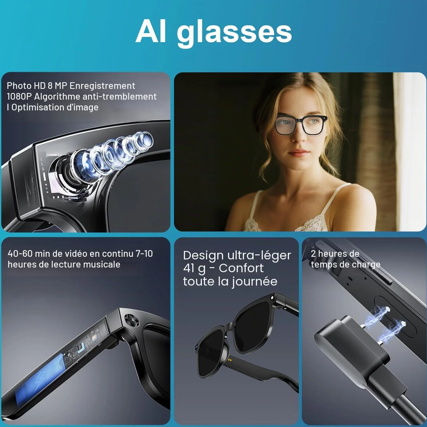 Lunettes AI Smart Camera - Vidéo HD 1080p, Photo, Traduction vocale : avec Verres de Protection Solaire/lumière Bleue interchangeables, Utilisation en extérieur, randonnées à vélo, randonnée