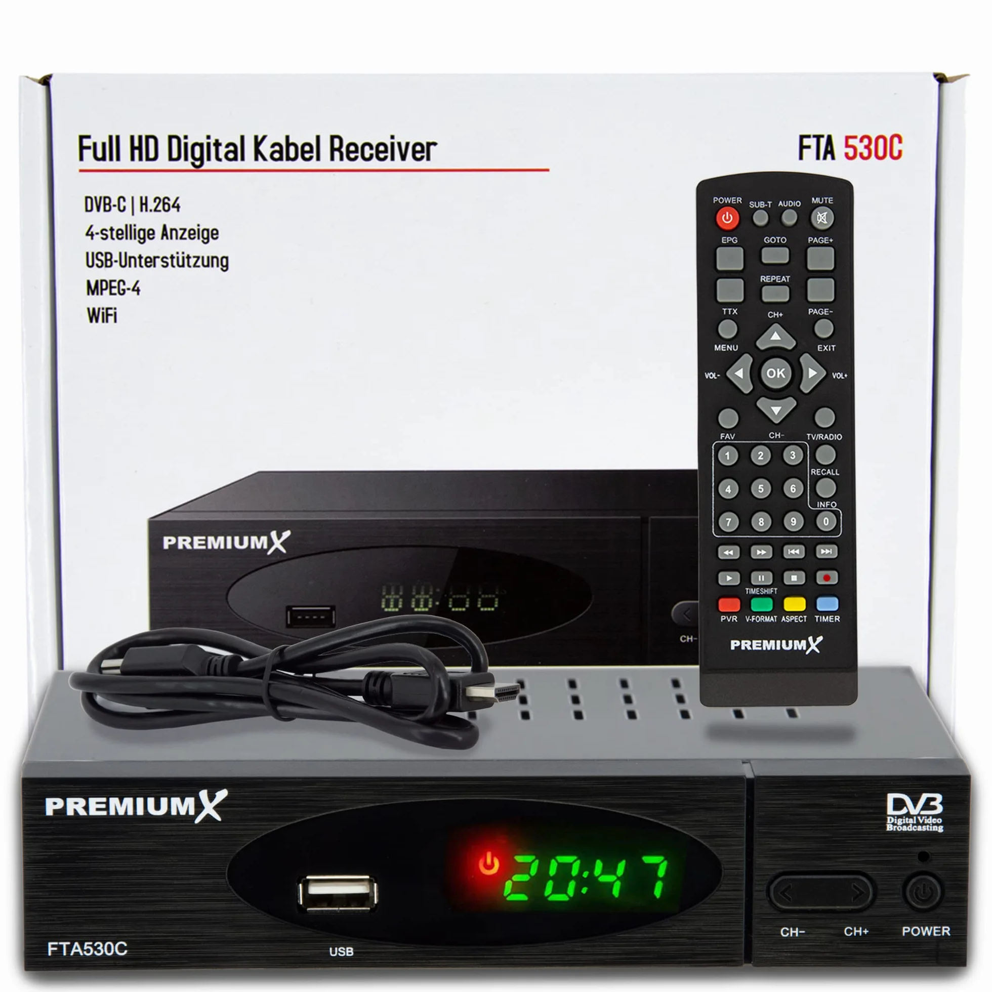 PremiumX Récepteur de câble DVB-C FTA 530C TV numérique HD | Installation de Voiture Lecteur multimédia USB SCART HDMI WiFi en Option | Télévision par câble Convient à Tous Les fournisseurs de câbles