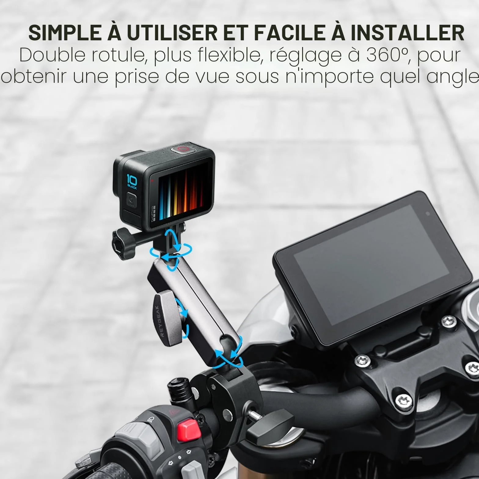 REYGEAK Support de caméra avec double tête sphérique à 360° avec vis 1/4, support de guidon de vélo avec double griffe pour GoPro Max Hero 13/12/11/10/9