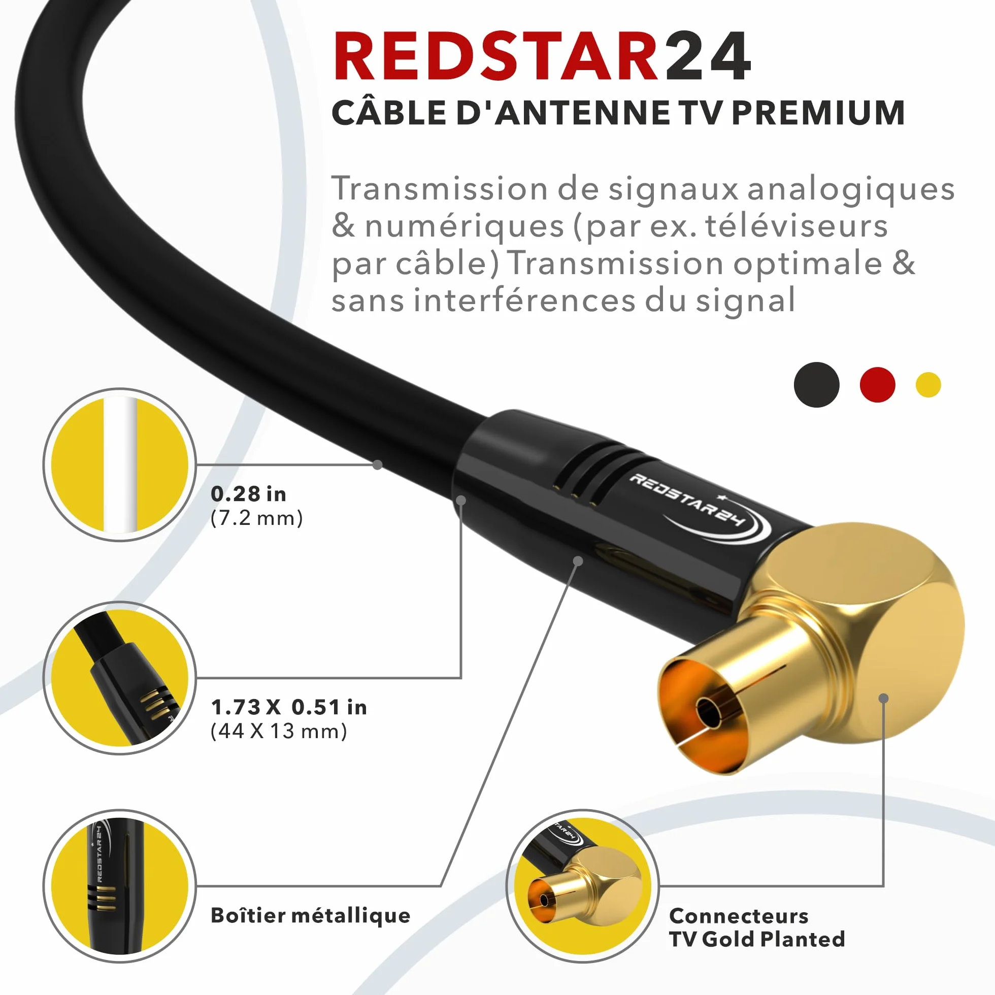 RedStar24 Câble d'Antenne 1,5m Noir - Mâle à Femelle 90° Coudé Coaxial - HDTV Premium pour Télévision par Câble | Compatible avec TV, Radio, DVB-T/T2, DVB-C, DAB