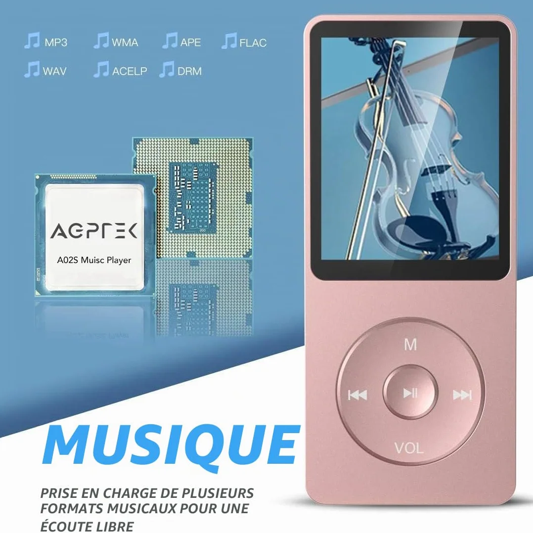 AGPTEK Mp3 Classique 16Go Ultra-Longue Autonomie 70 Heures Lecteur MP3 Sport Ecran 1.8 Pouces Enfant Adulte Or Rose