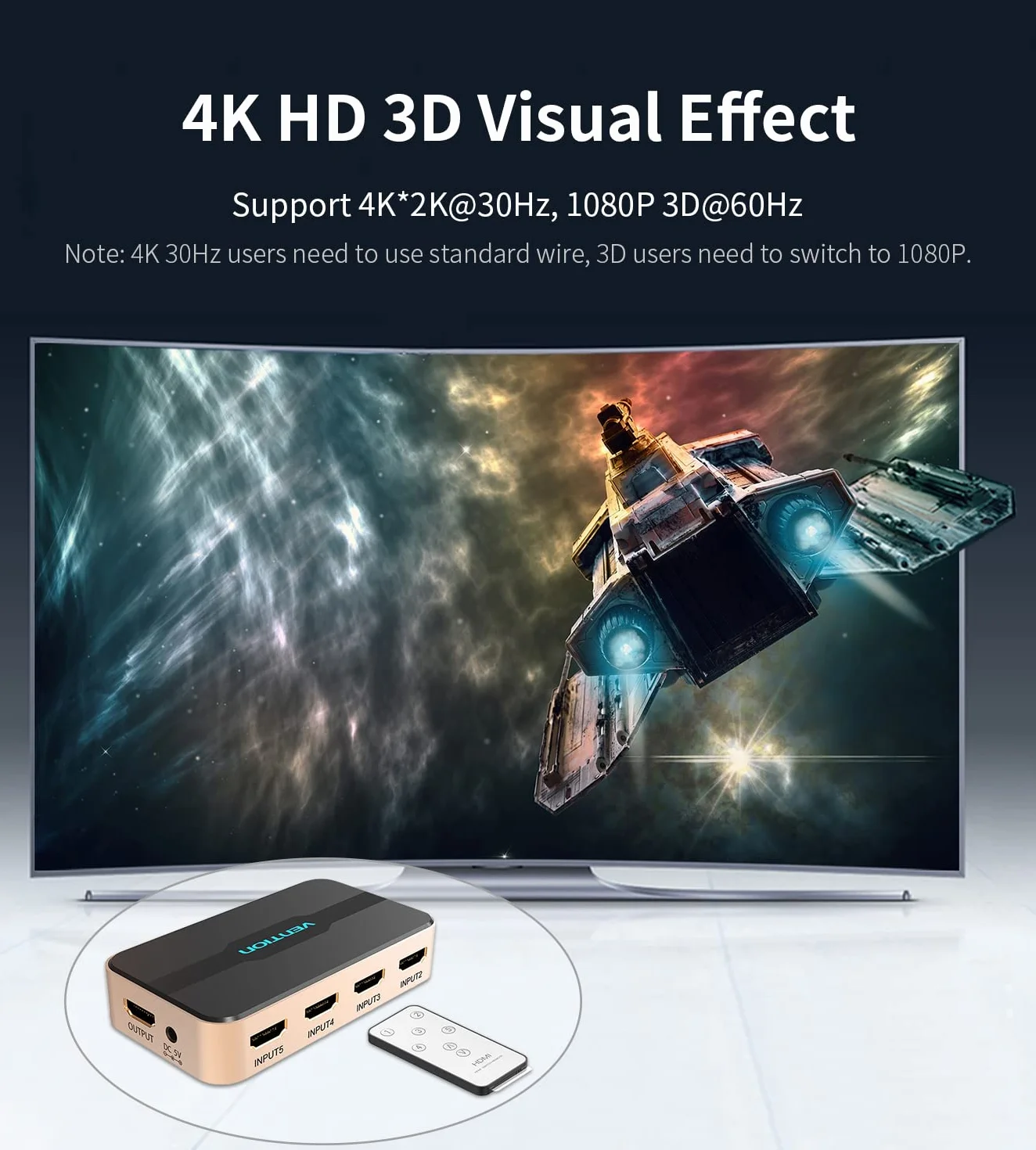 Sélecteur HDMI. Vention Commutateur HDMI 5 Ports 5 entrées 1 Sortie Séparateur Commutateur 4 K 1080 P avec télécommande Infrarouge pour PS3 X Box, câble, Satellite, Lecteur DVD Blu-Ray