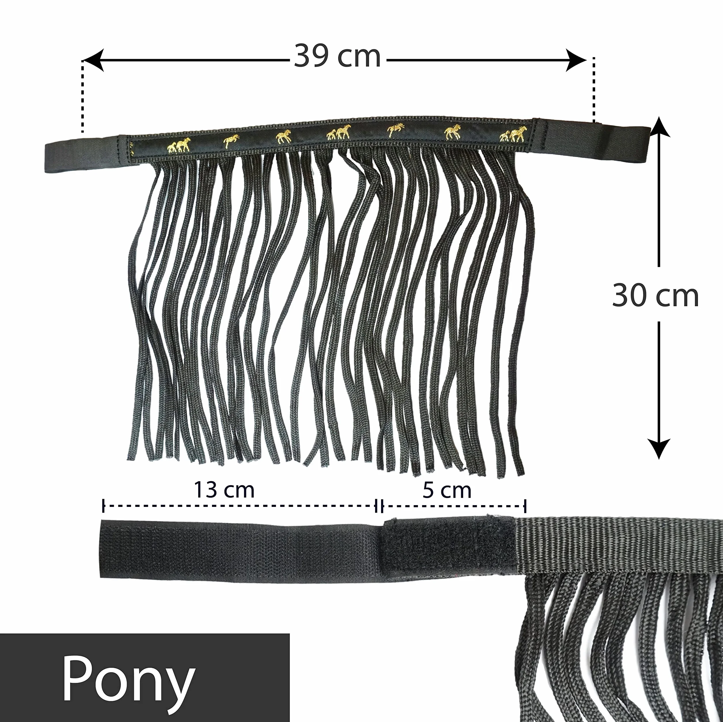 Masque anti-mouches cheval avec franges et fermeture pour poney, cob, sang chaud, noir