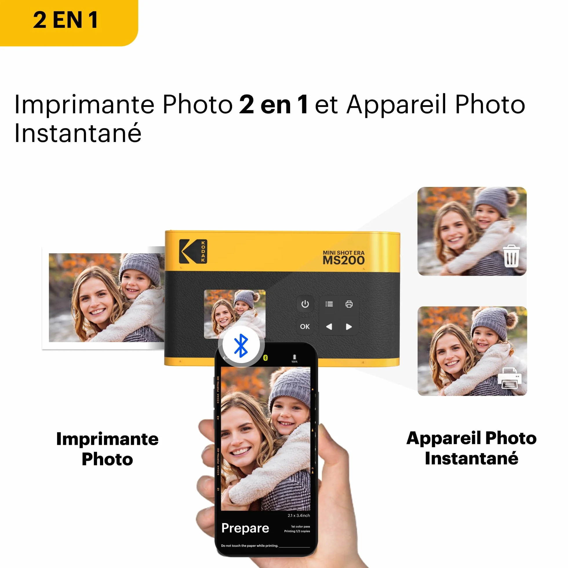 KODAK Mini Shot 2 Era 4PASS 2-in-1 Appareil Photo Instantané et Imprimante Photo Portable (5,3x8,6cm) (Appareil Photo + Paquet avec 38 Feuilles, Noir)