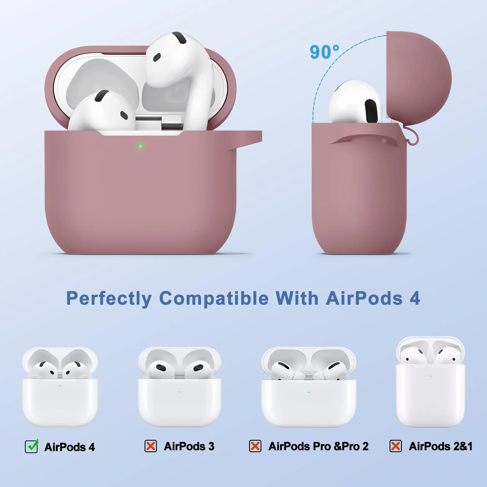Coque Étui pour AirPods 4 2024, Housse de Protection en Silicone Ultra-Fin Antichoc 2mm, Accessoires 4-en-1 avec Mousqueton et Cordon