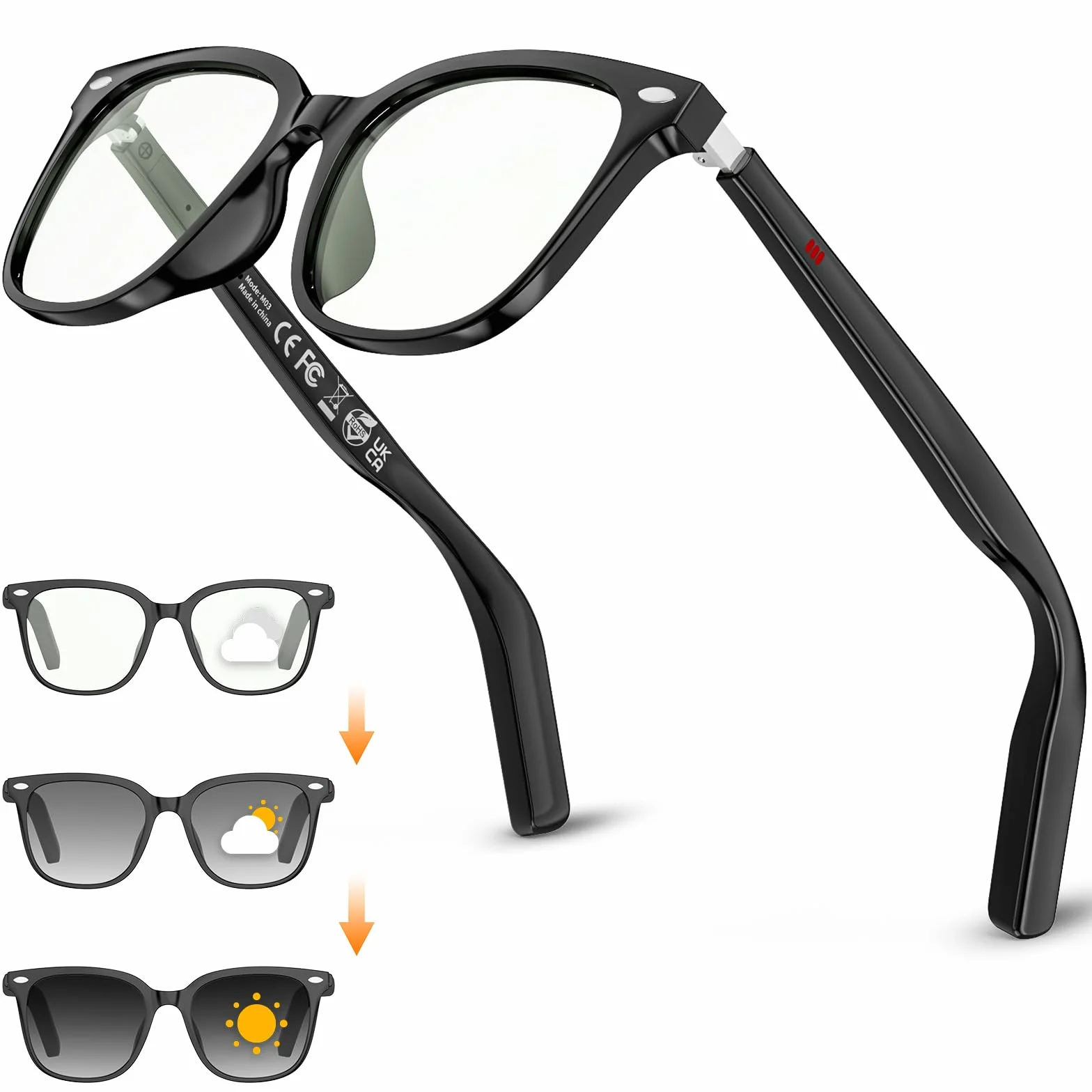 Lunettes intelligentes femmes hommes, 32g légères, téléphonie HD, commande vocale/musicale, lunettes de soleil Bluetooth avec verres photochromiques – idéales pour le quotidien et les voyages (Noir)