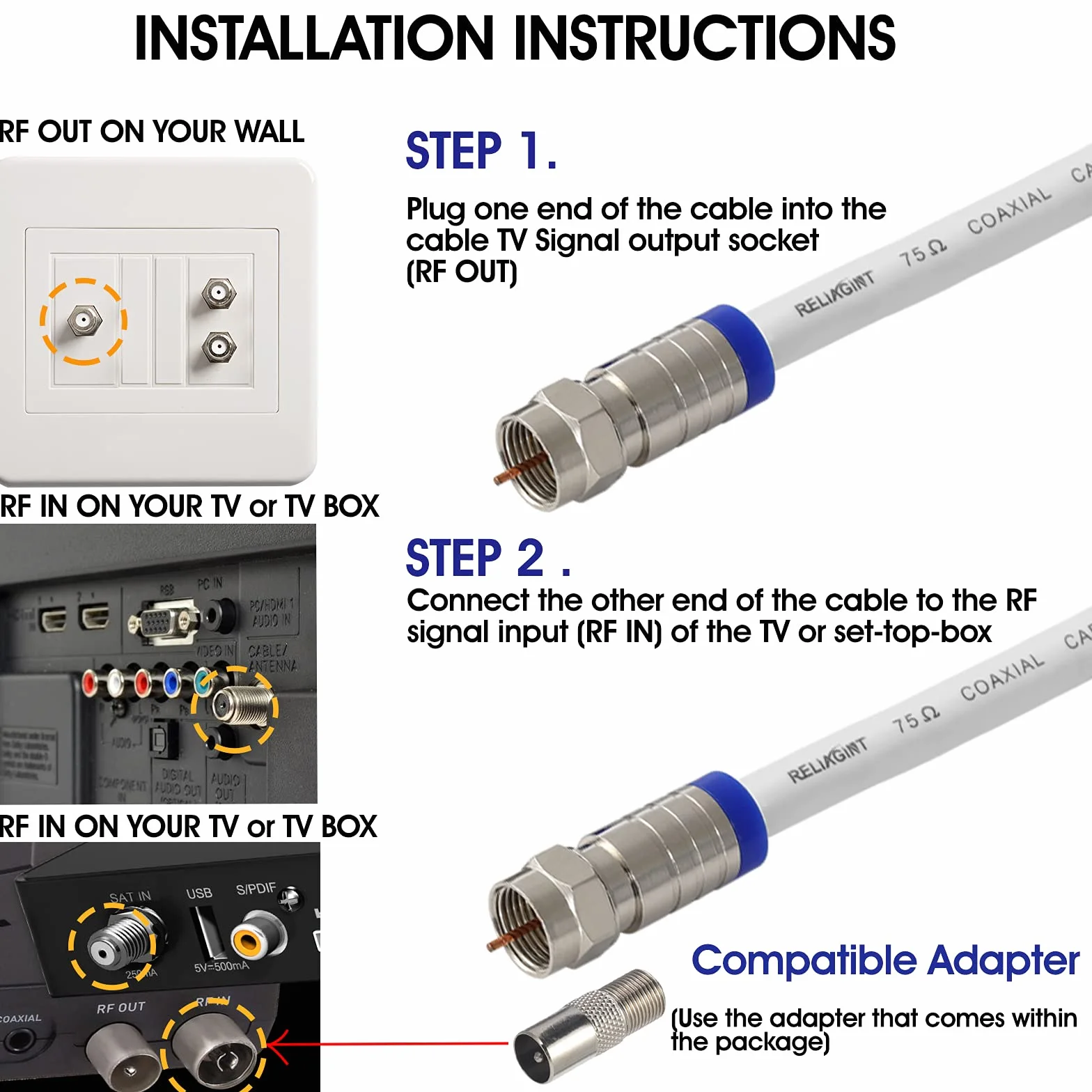 Câble coaxial TV RG6 1m 75 Ohm antenne satellite connecteurs F F81 cuivre étanche 3 GHz blanc