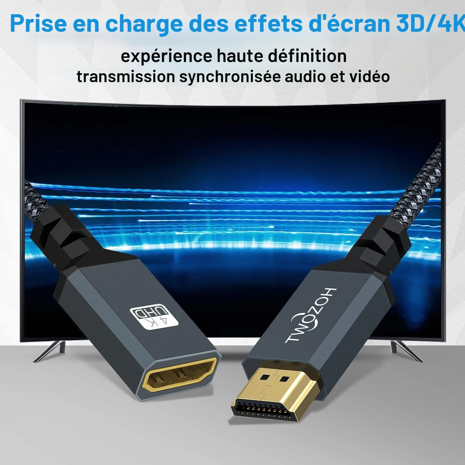 Câble d'Extension HDMI Mâle vers Femelle Twozoh, Rallonge Nylon Tressé 2.0 4K@60Hz 3D HDR (1,5M)