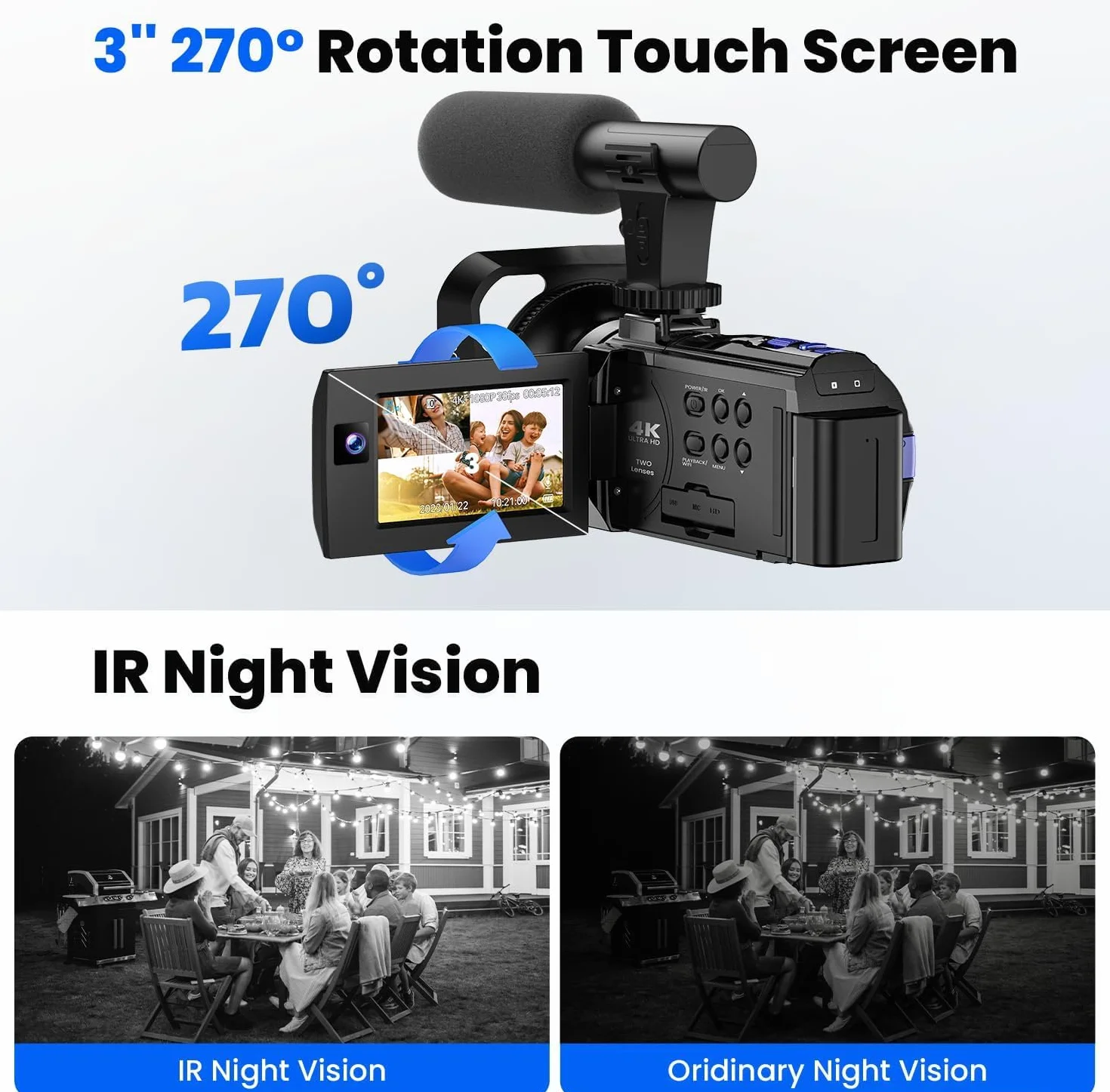 Caméra Vidéo 5K WiFi 56MP Double Objectif 16X Zoom Numérique IR Vision Nocturne 3" Écran Tactile avec 2 Piles et Carte 64 Go