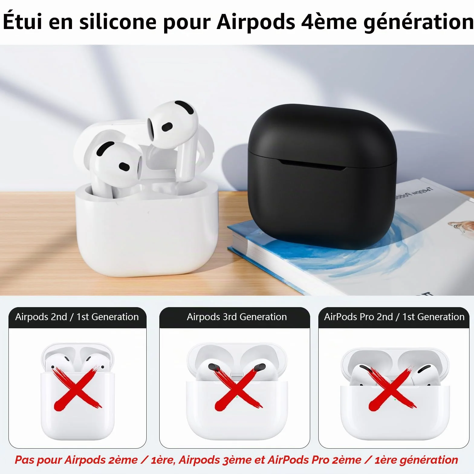 Coque en Silicone Compatible avec AirPods 4 2024, Housse Protecteur pour AirPods 4ᵉ Génération, Étui en Silicone Souple pour Airpods 4, LED Avant Visible (Noir)